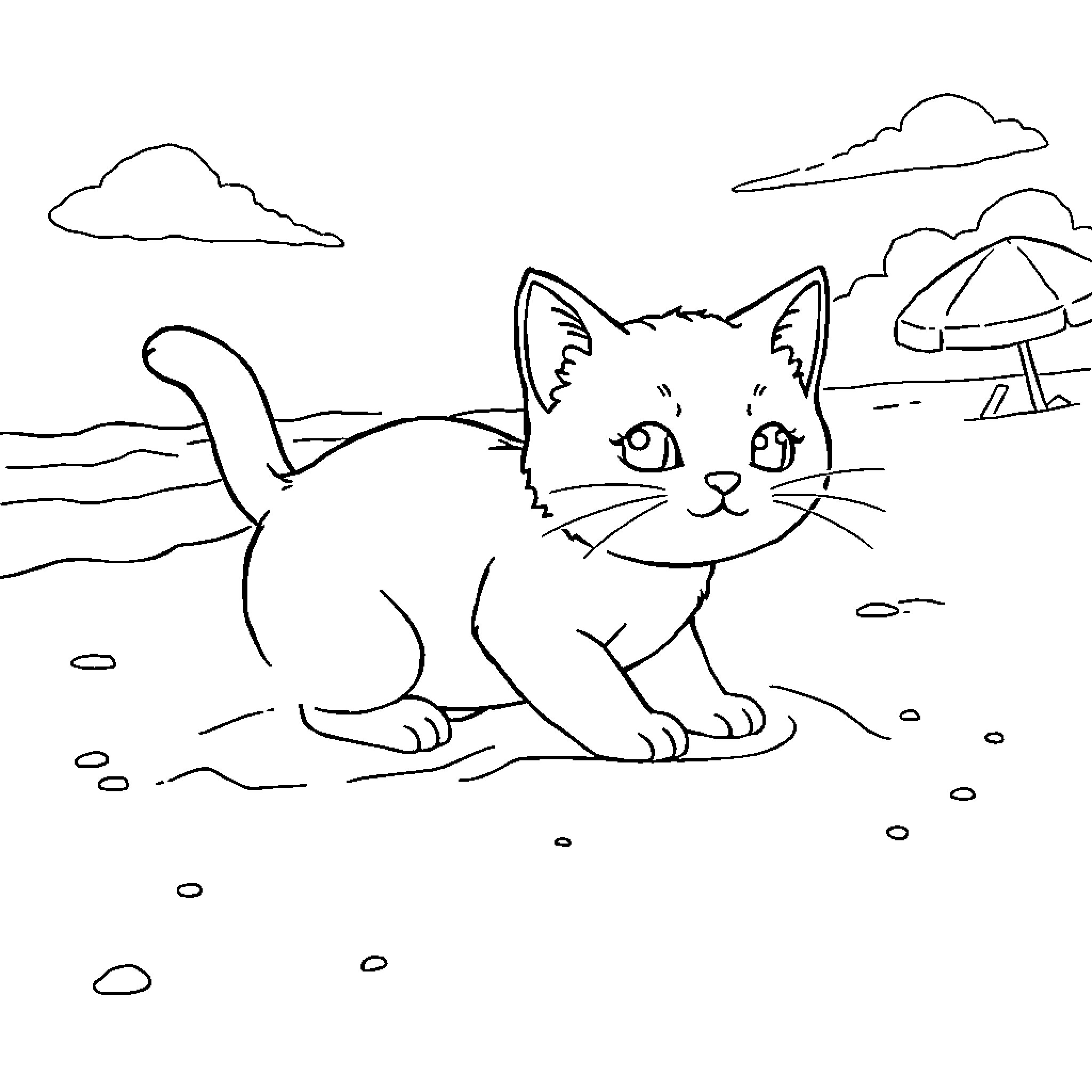 Cat exploring the beach scenery Coloring Page (free black-and-white line drawing printable PDF for all, from beginners to advanced learners, including children, teens, adults, and seniors)