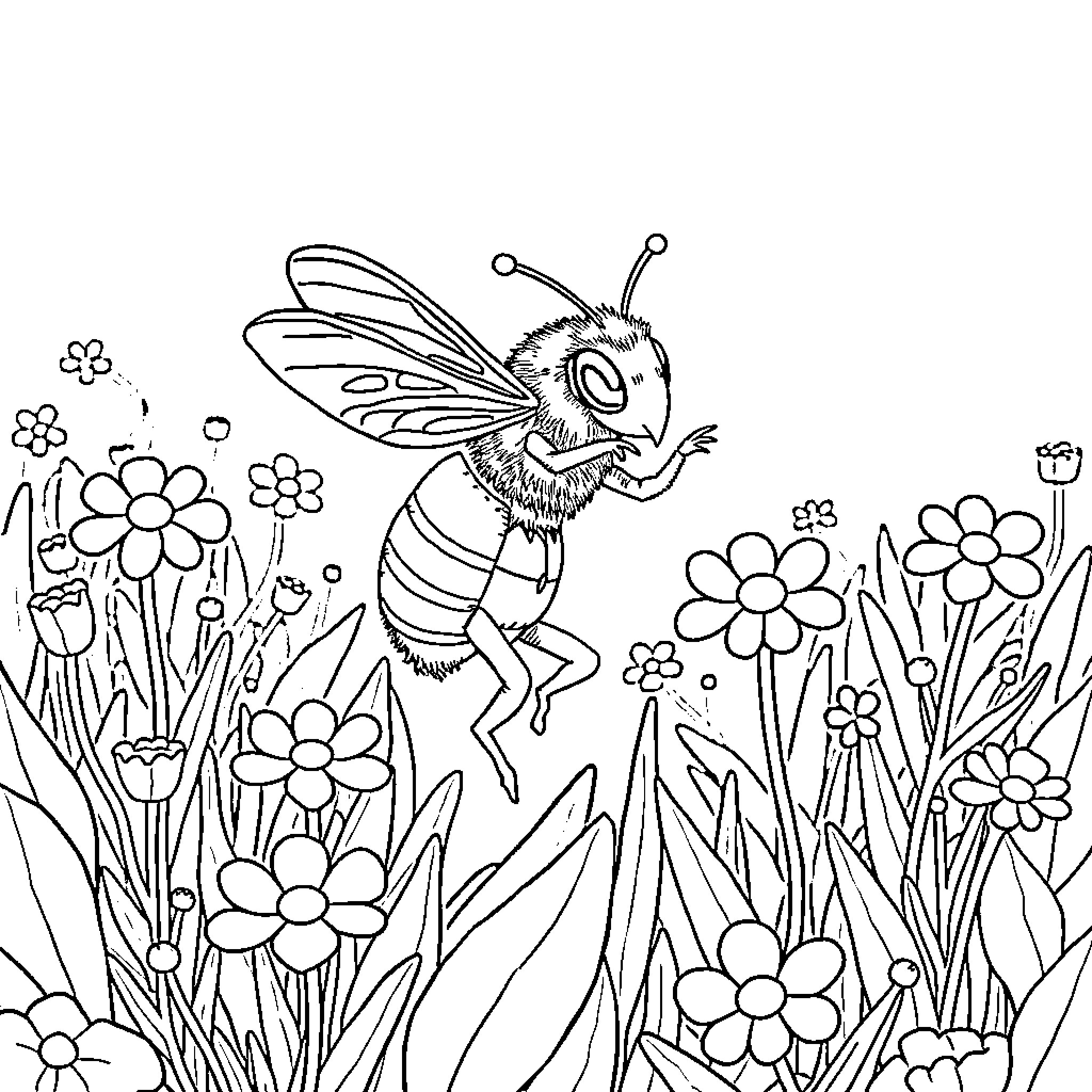 Bee flying amid flowers in a garden Coloring Page (free black-and-white line drawing printable PDF for all, from beginners to advanced learners, including children, teens, adults, and seniors)