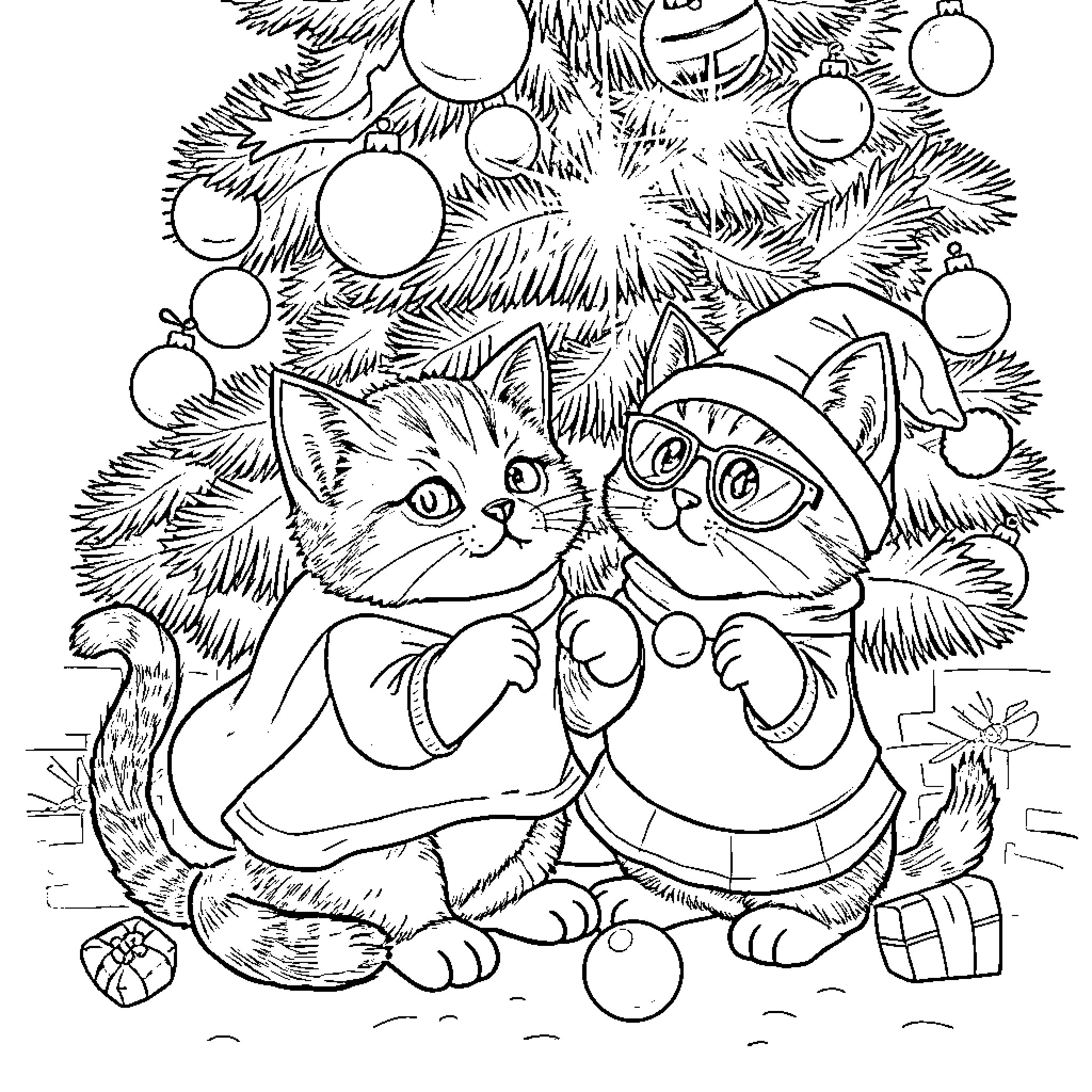 Kitty Cats Enjoying Christmas Celebrations Coloring Page (free black-and-white line drawing printable PDF for all, from beginners to advanced learners, including children, teens, adults, and seniors)