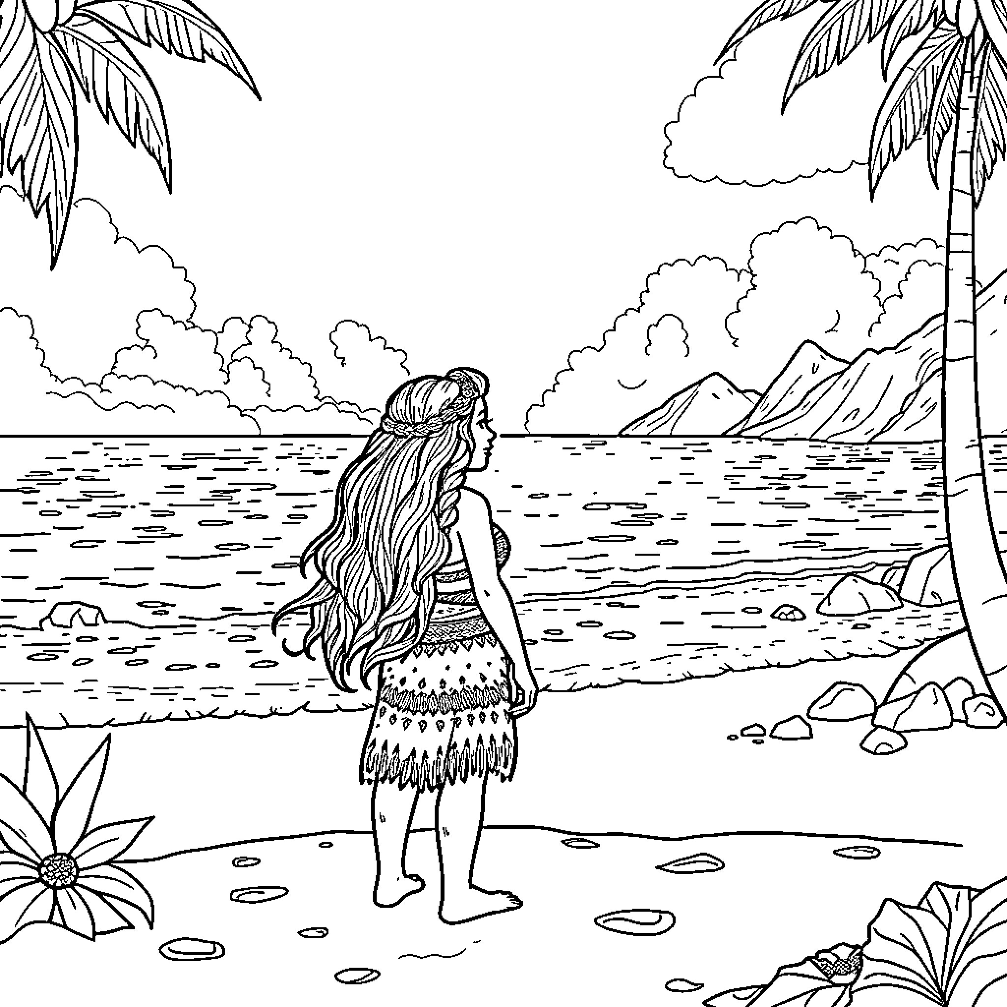 Moana exploring the tropical island paradise Coloring Page (free black-and-white line drawing printable PDF for all, from beginners to advanced learners, including children, teens, adults, and seniors)