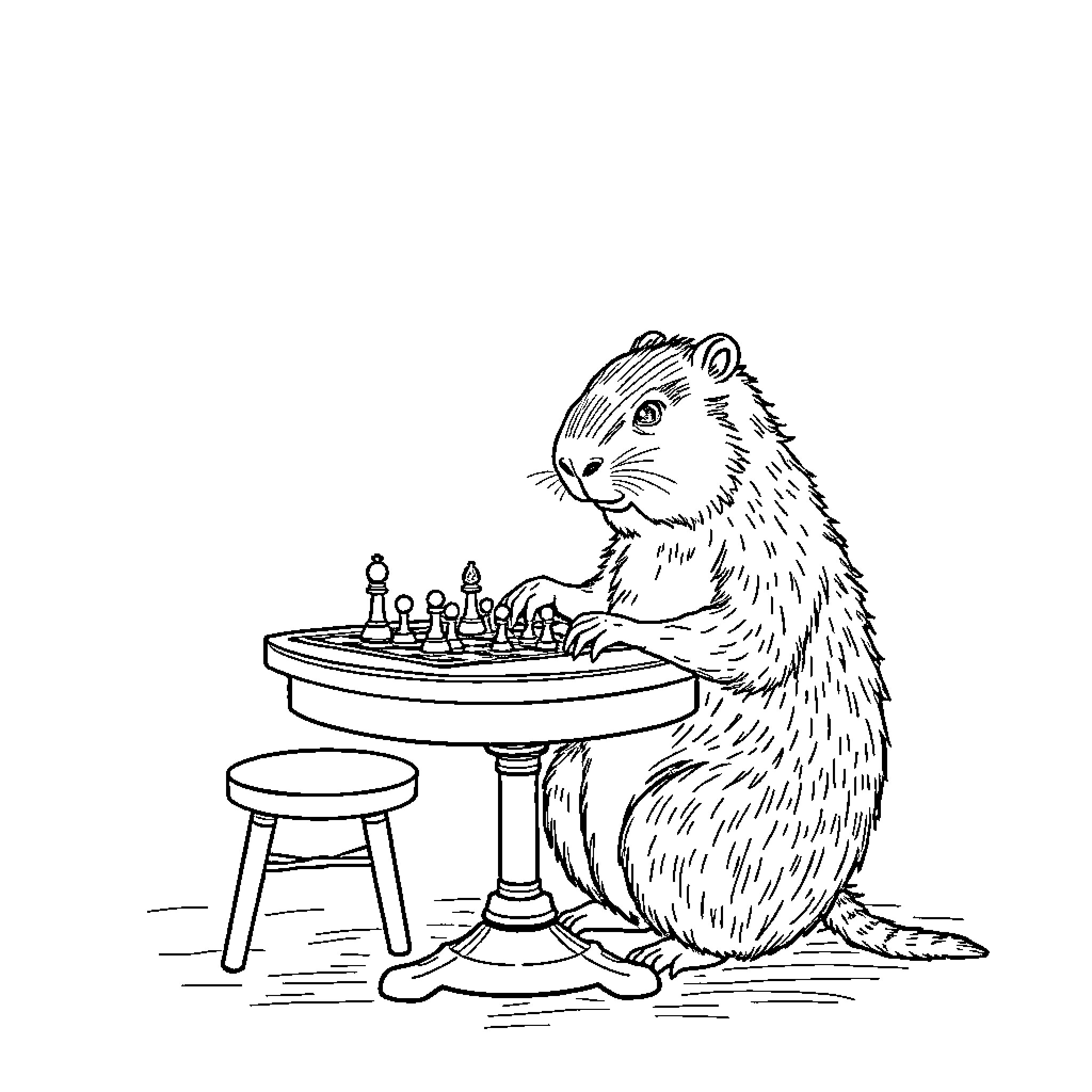Capybara playing chess alone Coloring Page (free black-and-white line drawing printable PDF for all, from beginners to advanced learners, including children, teens, adults, and seniors)