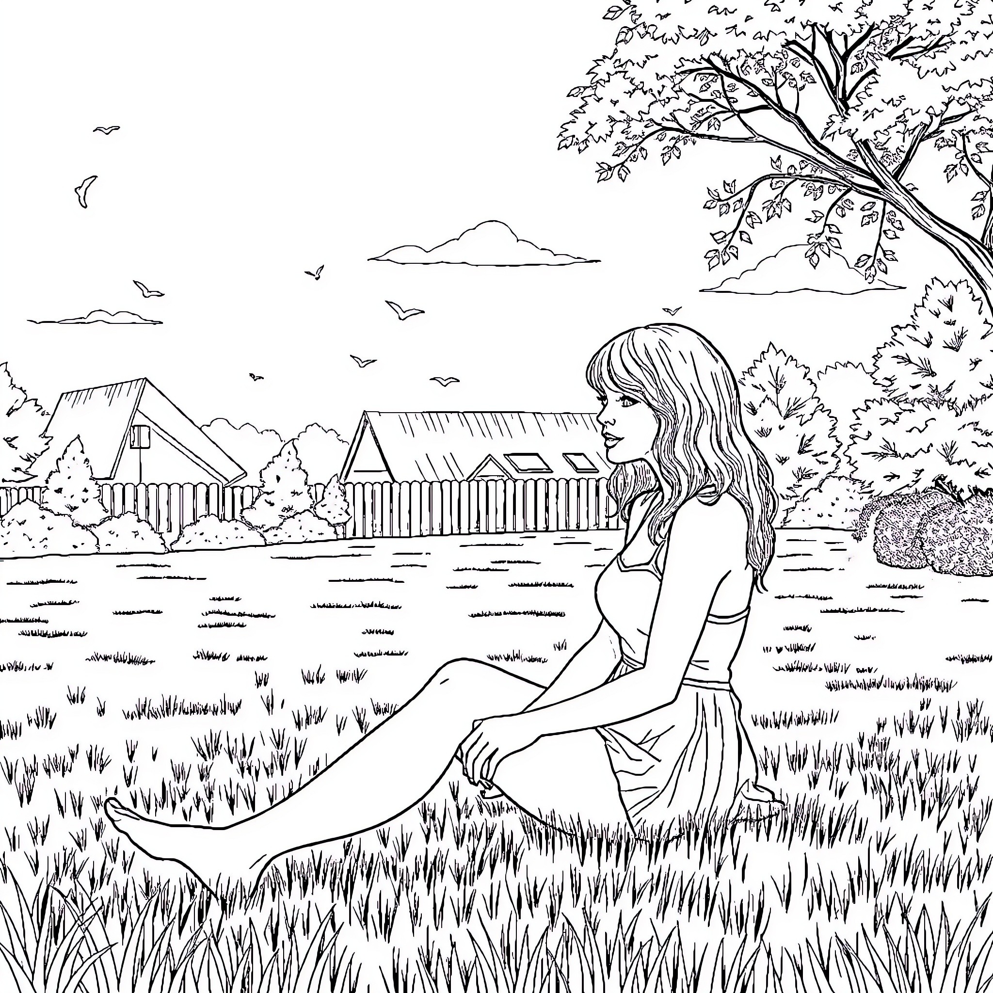 Taylor Swift enjoying nature's serenity in a pastoral scene Coloring Page (free black-and-white line drawing printable PDF for all, from beginners to advanced learners, including children, teens, adults, and seniors)