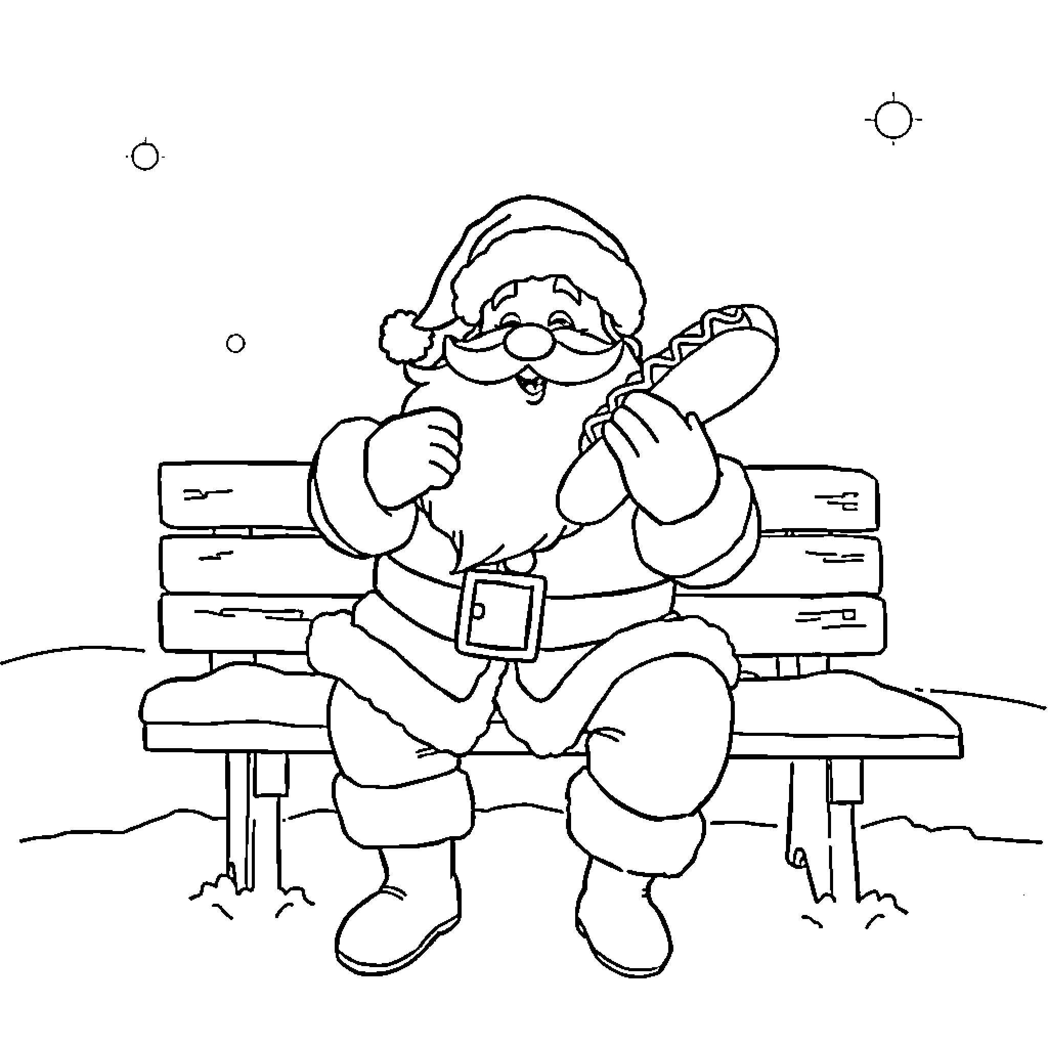Santa relaxing on a bench in the snow Coloring Page (free black-and-white line drawing printable PDF for all, from beginners to advanced learners, including children, teens, adults, and seniors)