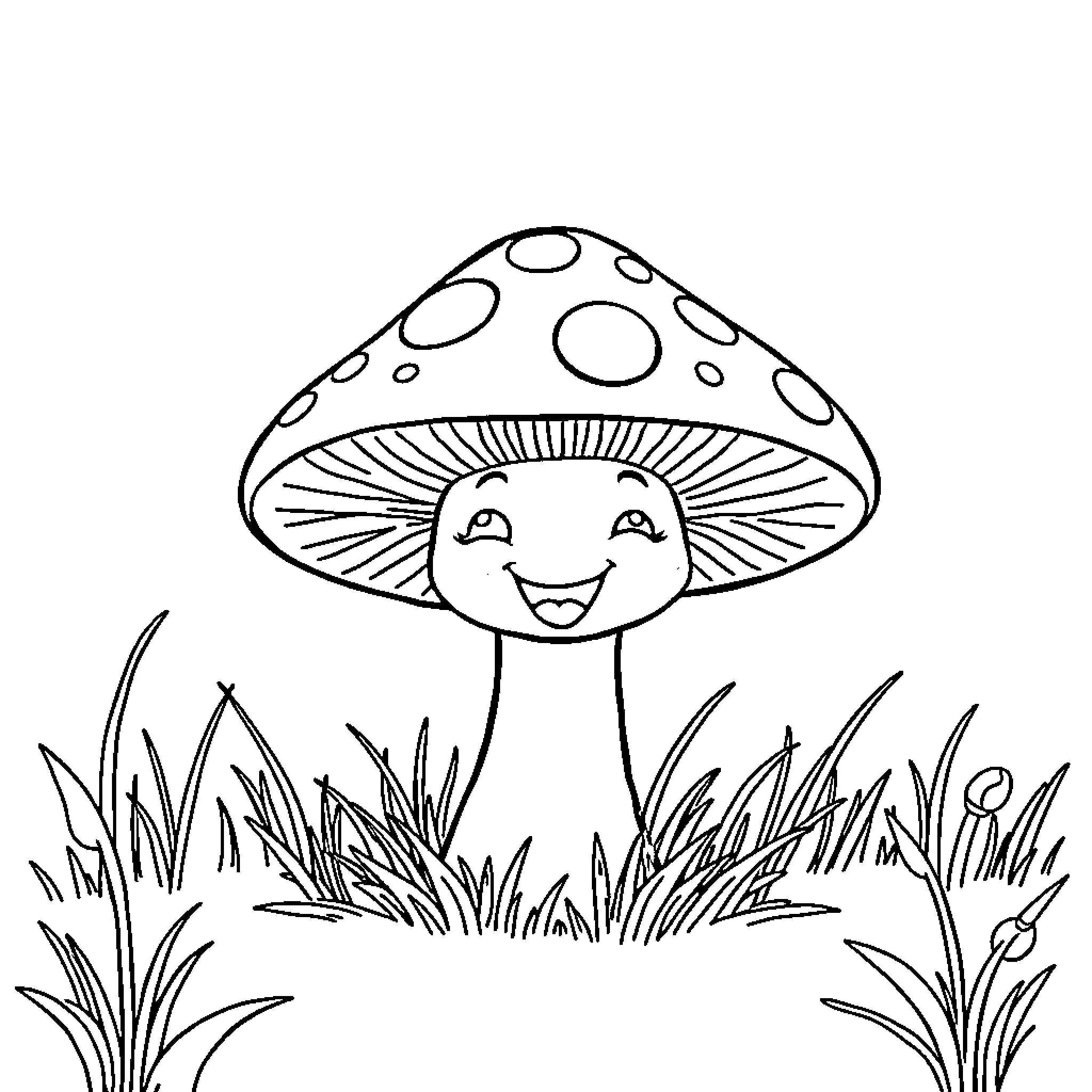 Mushroom character smiling happily in the grass Coloring Page (free black-and-white line drawing printable PDF for all, from beginners to advanced learners, including children, teens, adults, and seniors)