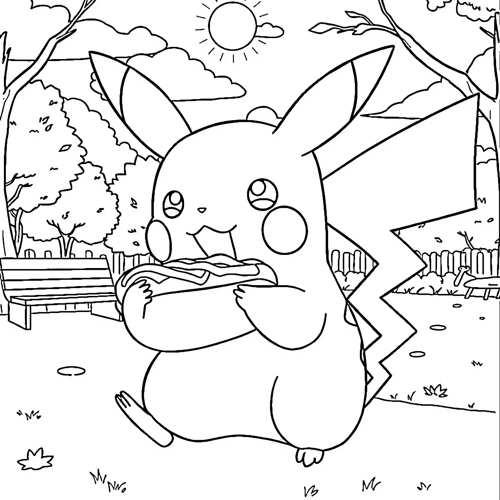 Pikachu playing and relaxing in nature Coloring Page (free black-and-white line drawing printable PDF for all, from beginners to advanced learners, including children, teens, adults, and seniors)