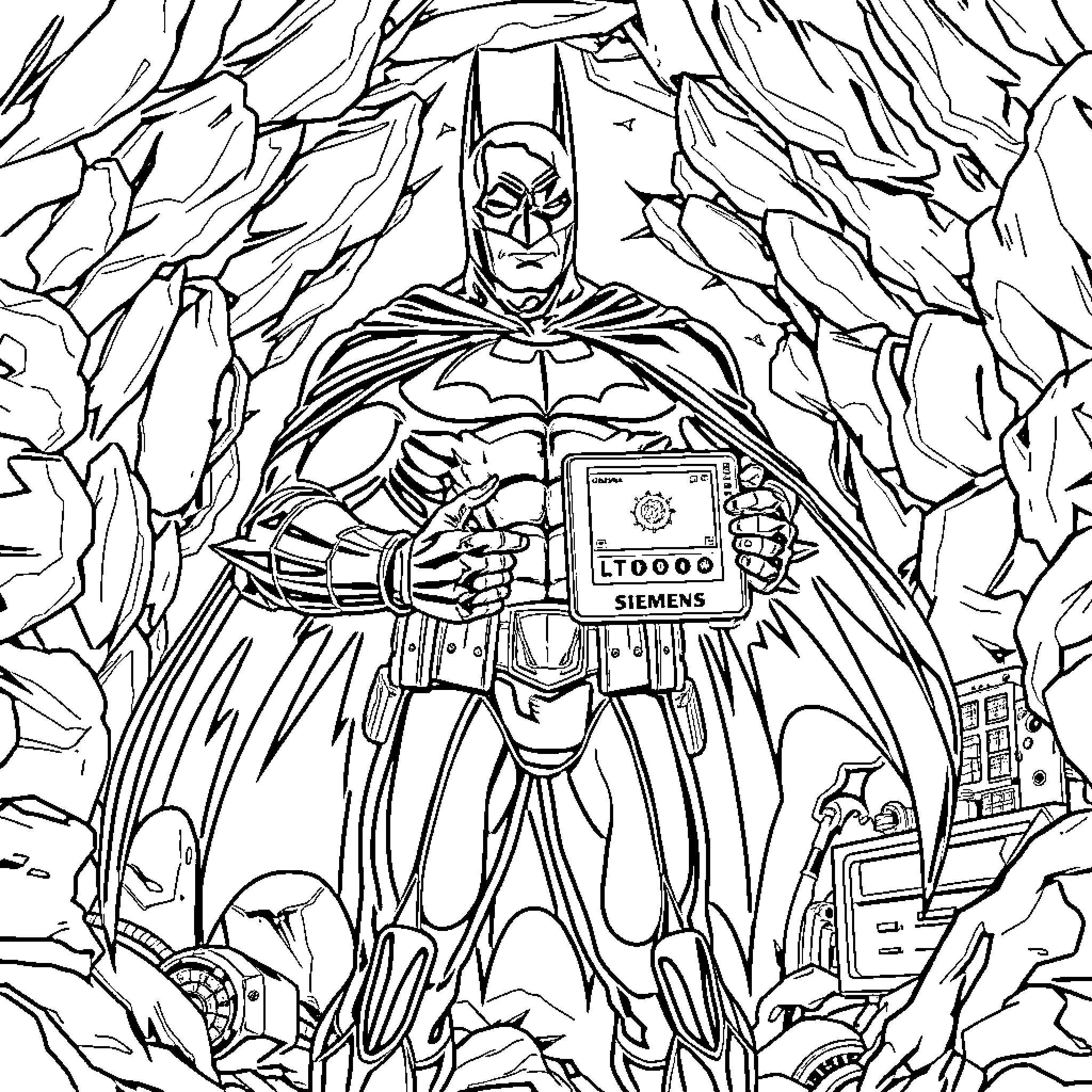 Batman facing a technological challenge in the darkness Coloring Page (free black-and-white line drawing printable PDF for all, from beginners to advanced learners, including children, teens, adults, and seniors)
