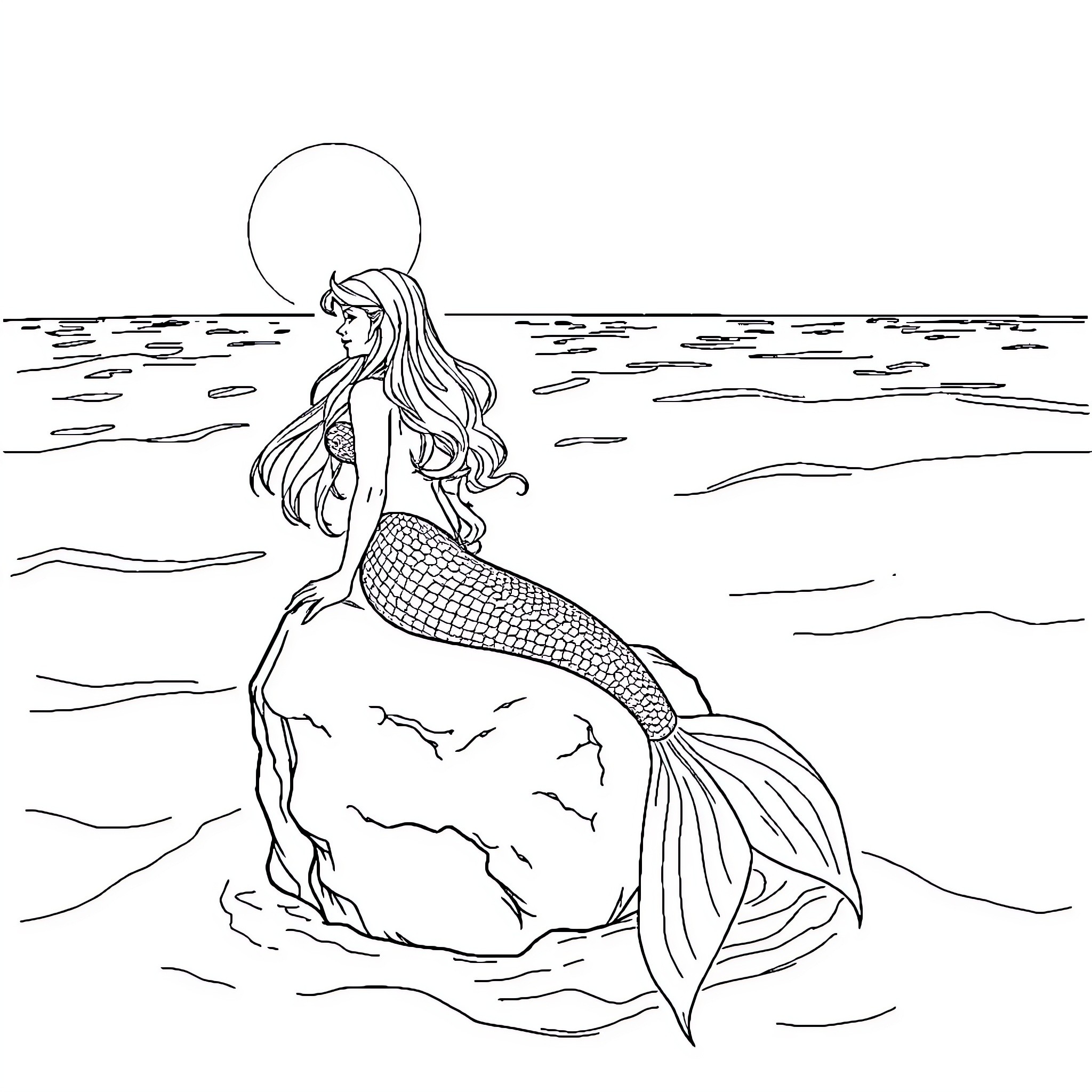 Mermaid gazing at the moonlit ocean Coloring Page (free black-and-white line drawing printable PDF for all, from beginners to advanced learners, including children, teens, adults, and seniors)