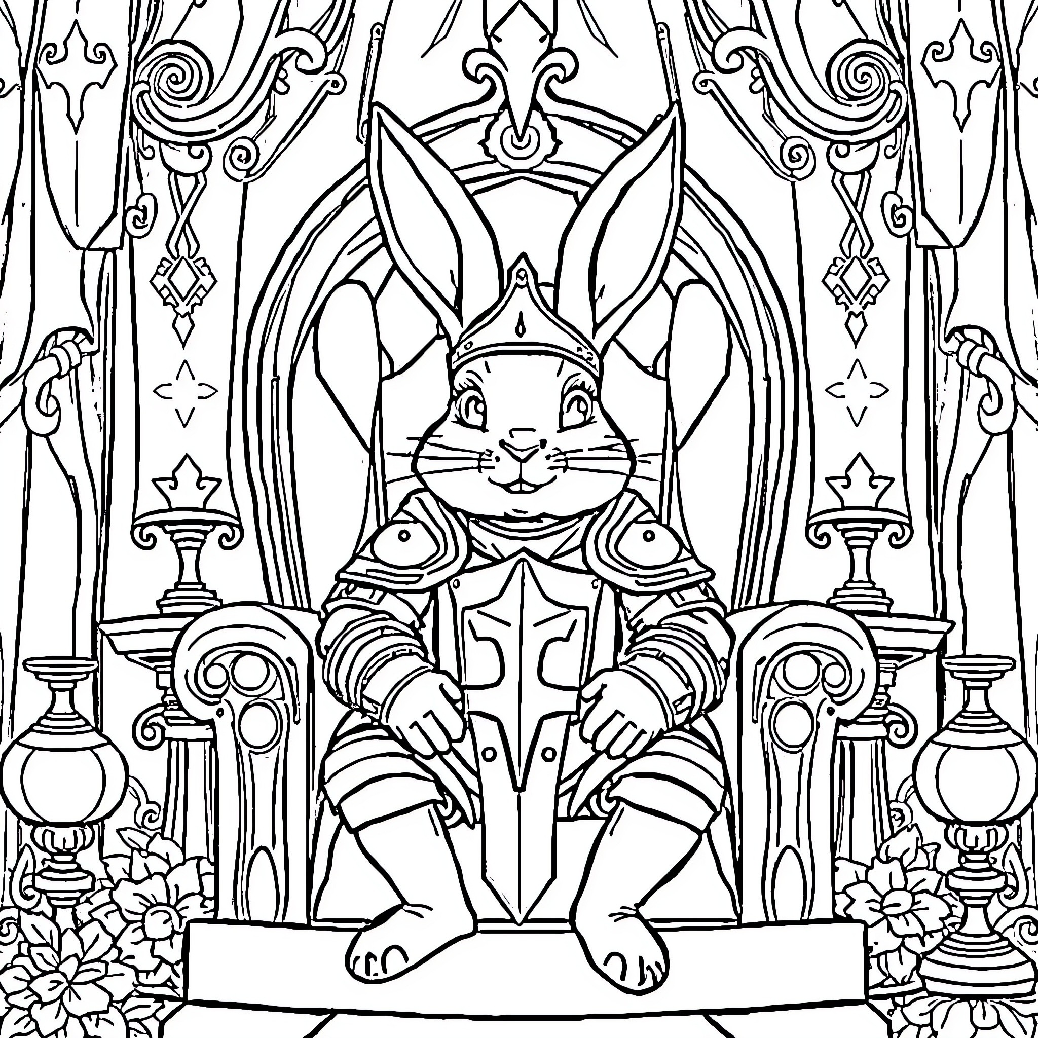 Rabbit sitting on an ornate throne Coloring Page (free black-and-white line drawing printable PDF for all, from beginners to advanced learners, including children, teens, adults, and seniors)