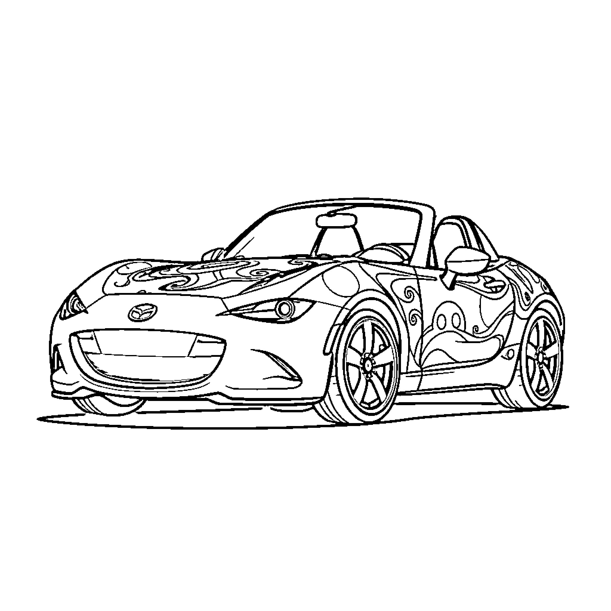 Mazda Miata in a whimsical design Coloring Page (free black-and-white line drawing printable PDF for all, from beginners to advanced learners, including children, teens, adults, and seniors)