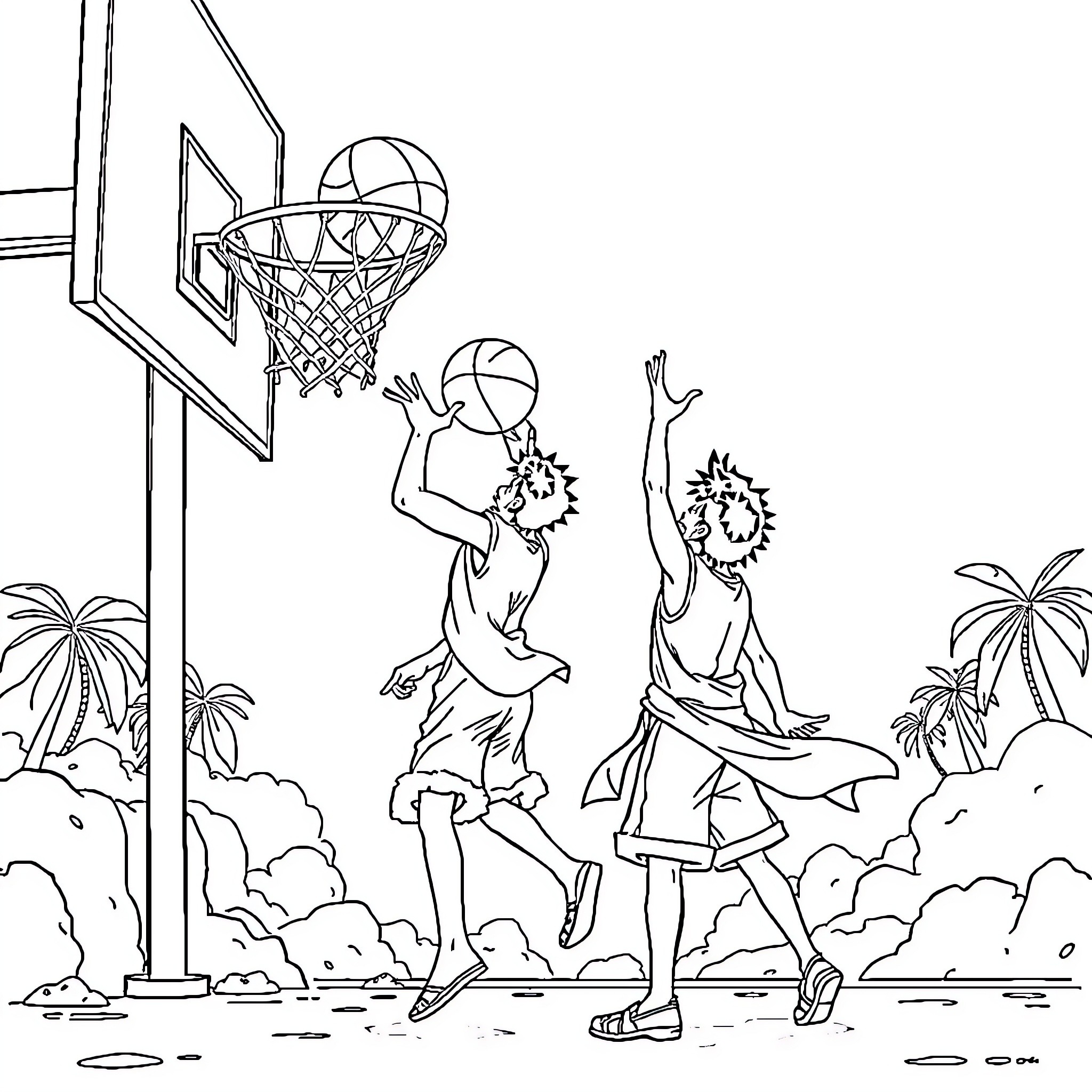 Monkey D Luffy playing basketball with friends on the beach Coloring Page (free black-and-white line drawing printable PDF for all, from beginners to advanced learners, including children, teens, adults, and seniors)