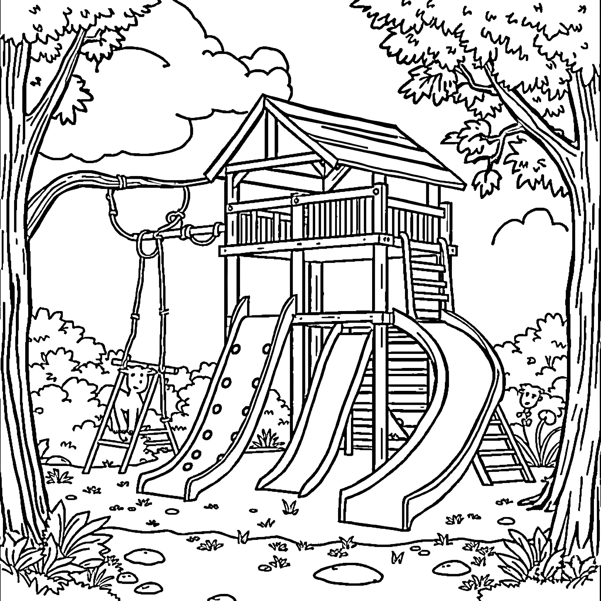 Jungle Gym with Slide and Swing in Outdoor Setting Coloring Page (free black-and-white line drawing printable PDF for all, from beginners to advanced learners, including children, teens, adults, and seniors)