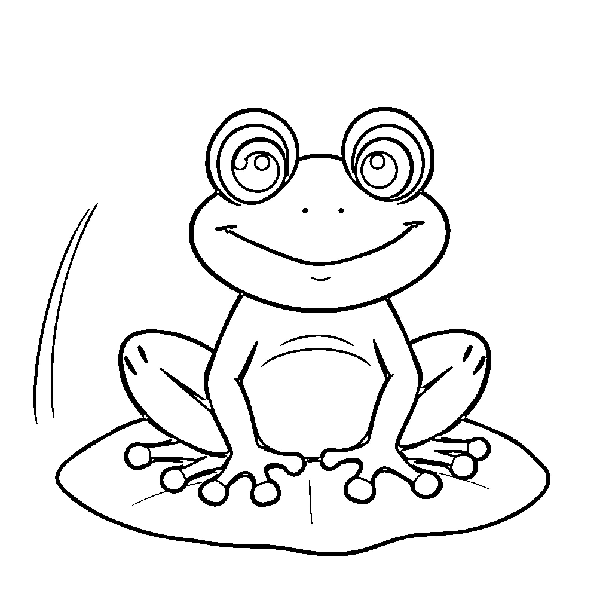 Frog with funny glasses sitting on a lily pad Coloring Page (free black-and-white line drawing printable PDF for all, from beginners to advanced learners, including children, teens, adults, and seniors)