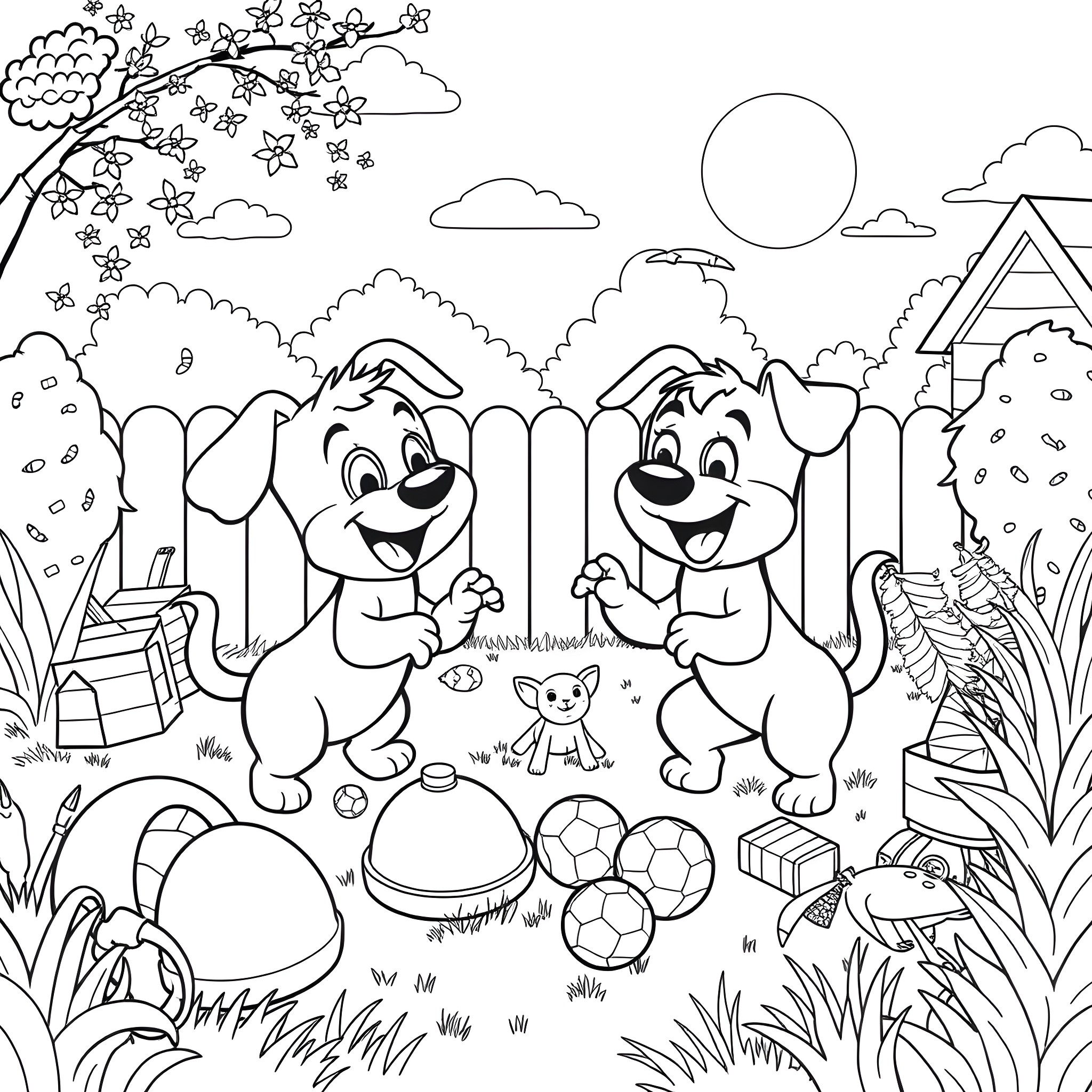 Bluey's Outdoor Adventure with Friends Coloring Page (free black-and-white line drawing printable PDF for all, from beginners to advanced learners, including children, teens, adults, and seniors)