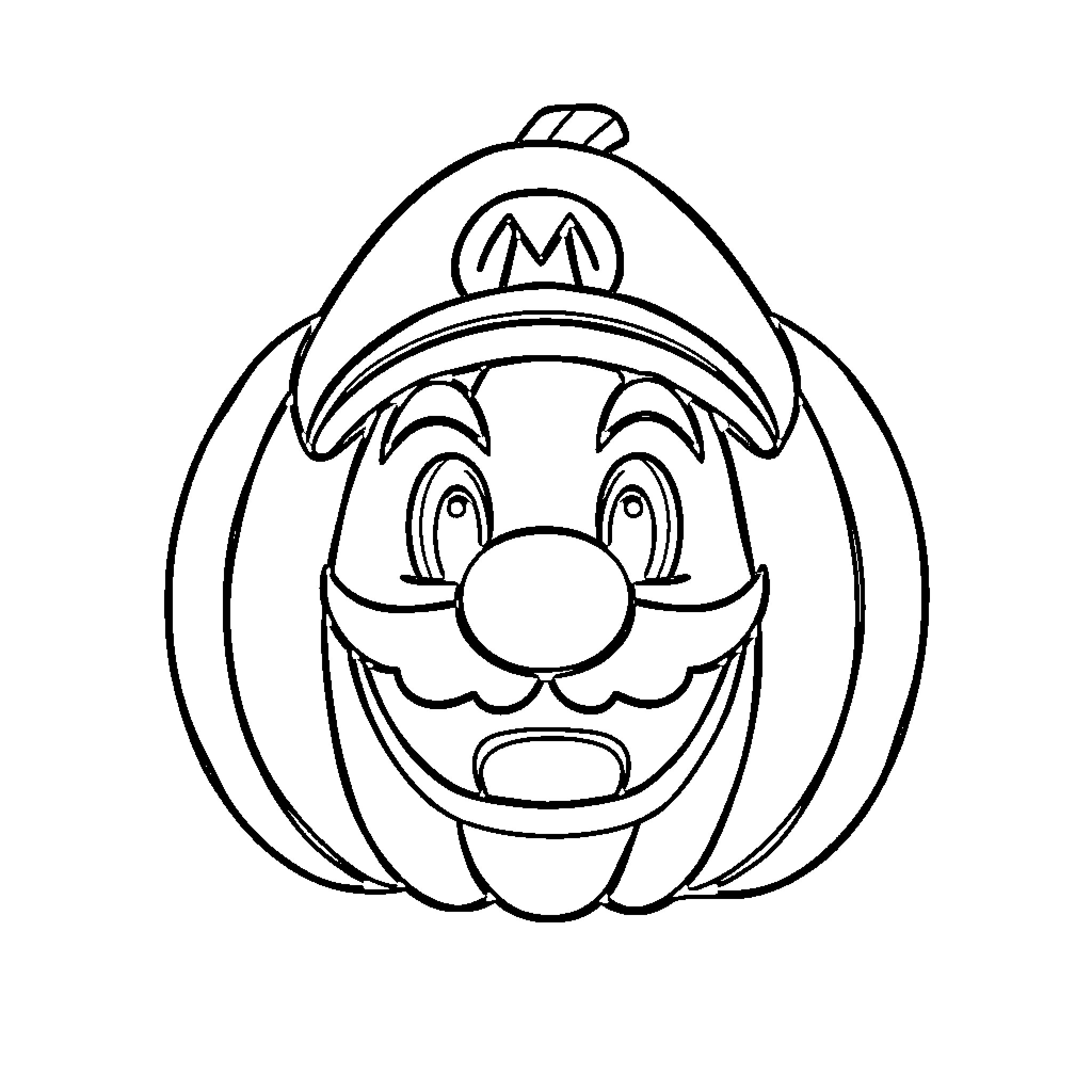 Mario's Grinning Halloween Pumpkin Coloring Page (free black-and-white line drawing printable PDF for all, from beginners to advanced learners, including children, teens, adults, and seniors)