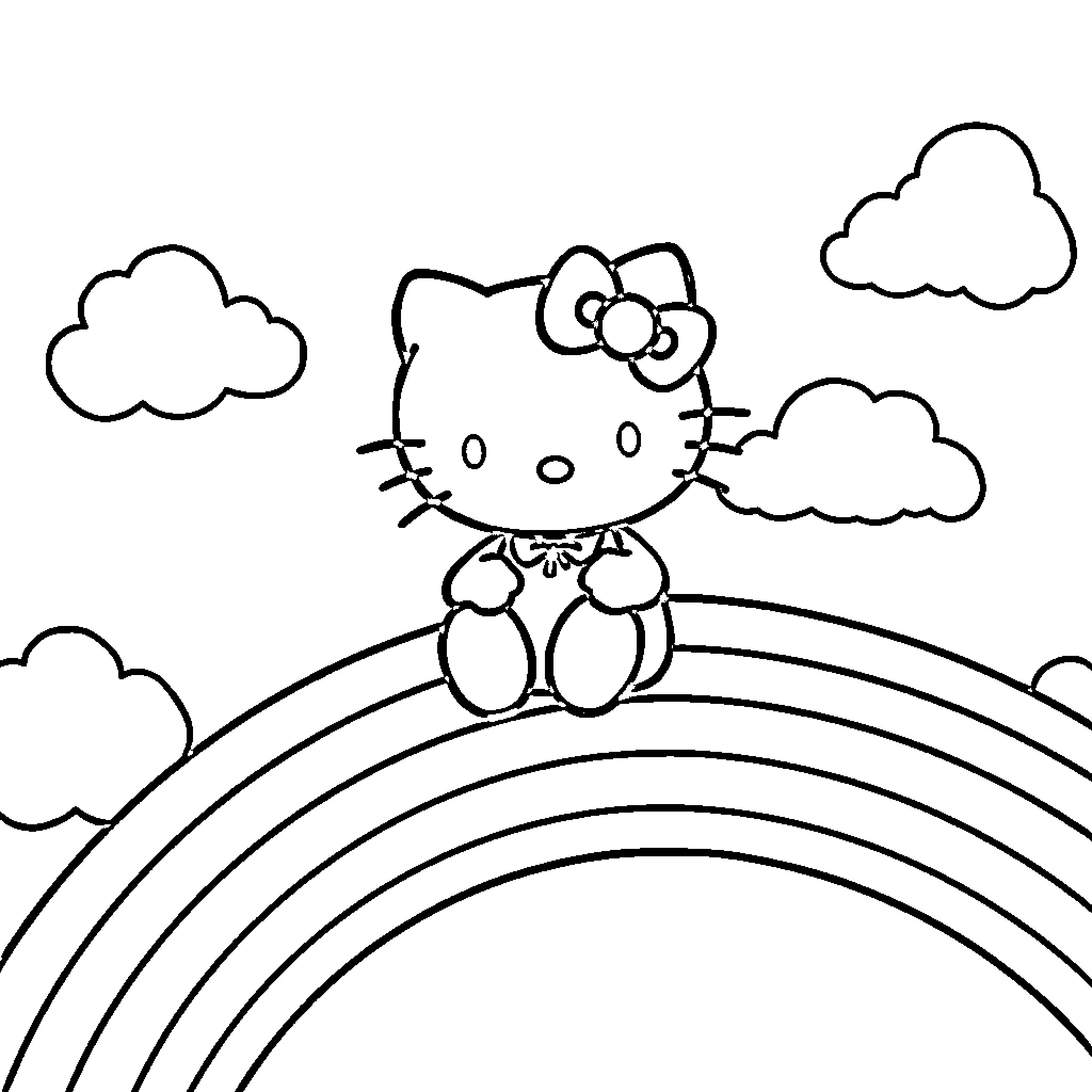 Hello Kitty sitting on a rainbow in the sky Coloring Page (free black-and-white line drawing printable PDF for all, from beginners to advanced learners, including children, teens, adults, and seniors)
