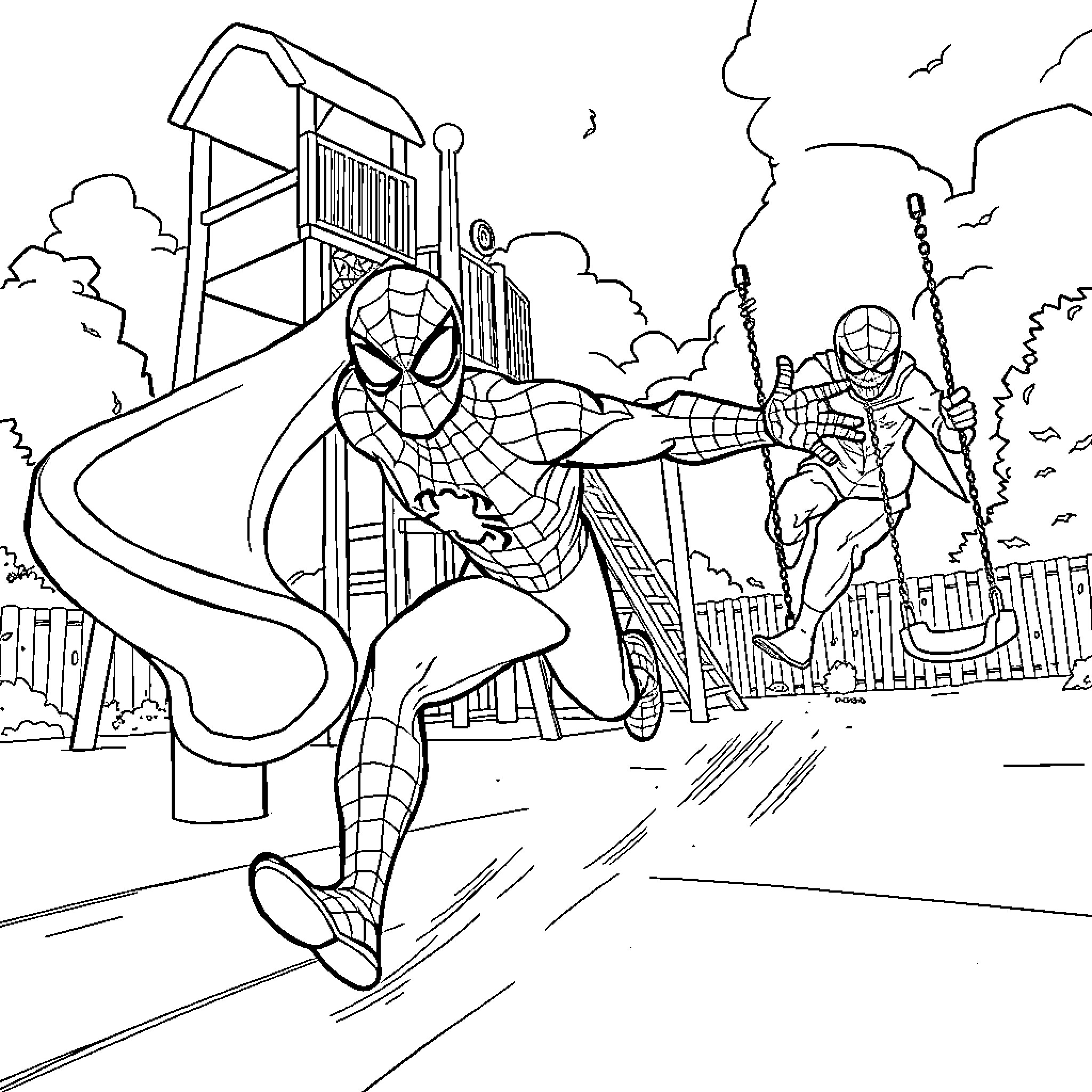 Spiderman swinging and fighting in city playground Coloring Page (free black-and-white line drawing printable PDF for all, from beginners to advanced learners, including children, teens, adults, and seniors)