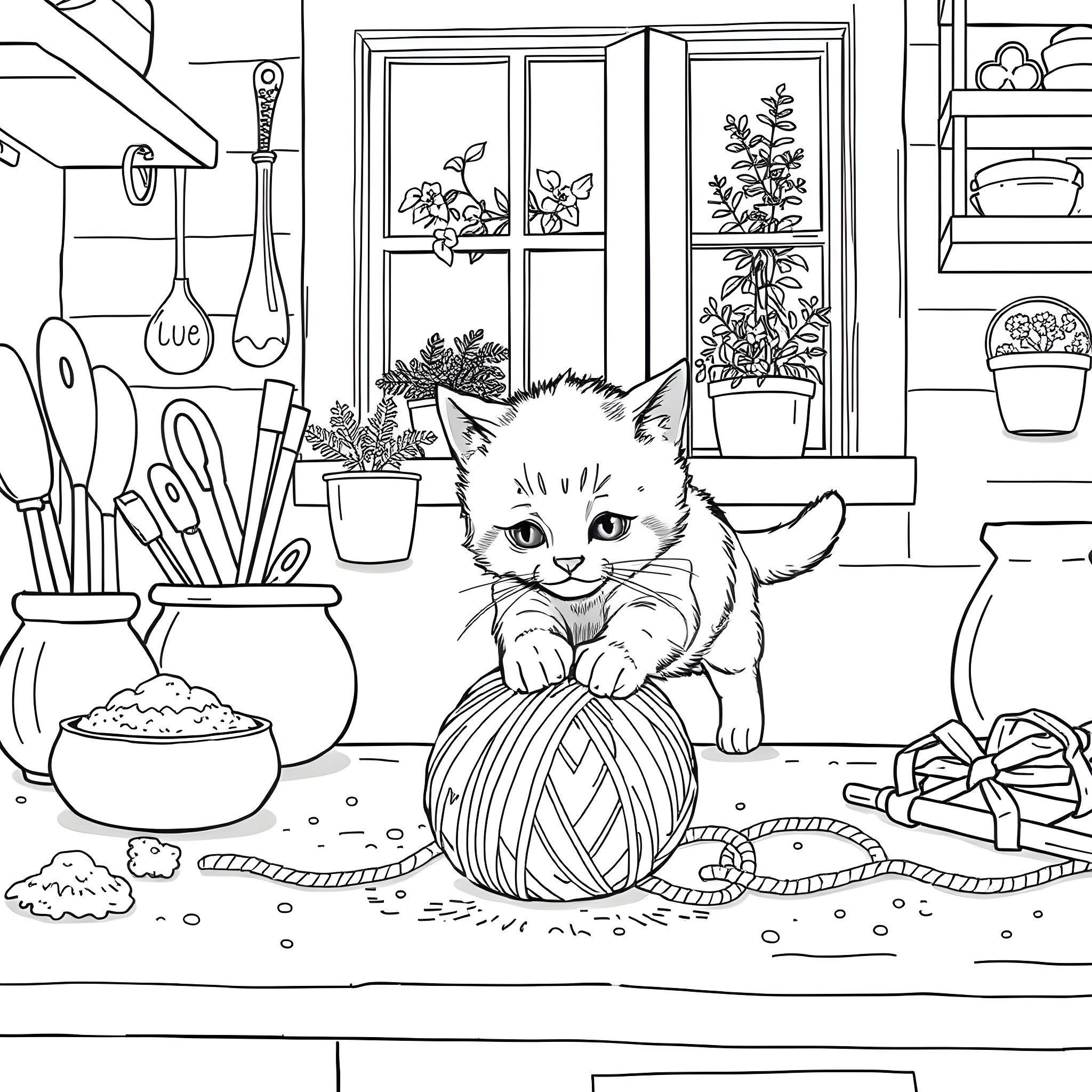 Cat playing with yarn in the kitchen Coloring Page (free black-and-white line drawing printable PDF for all, from beginners to advanced learners, including children, teens, adults, and seniors)