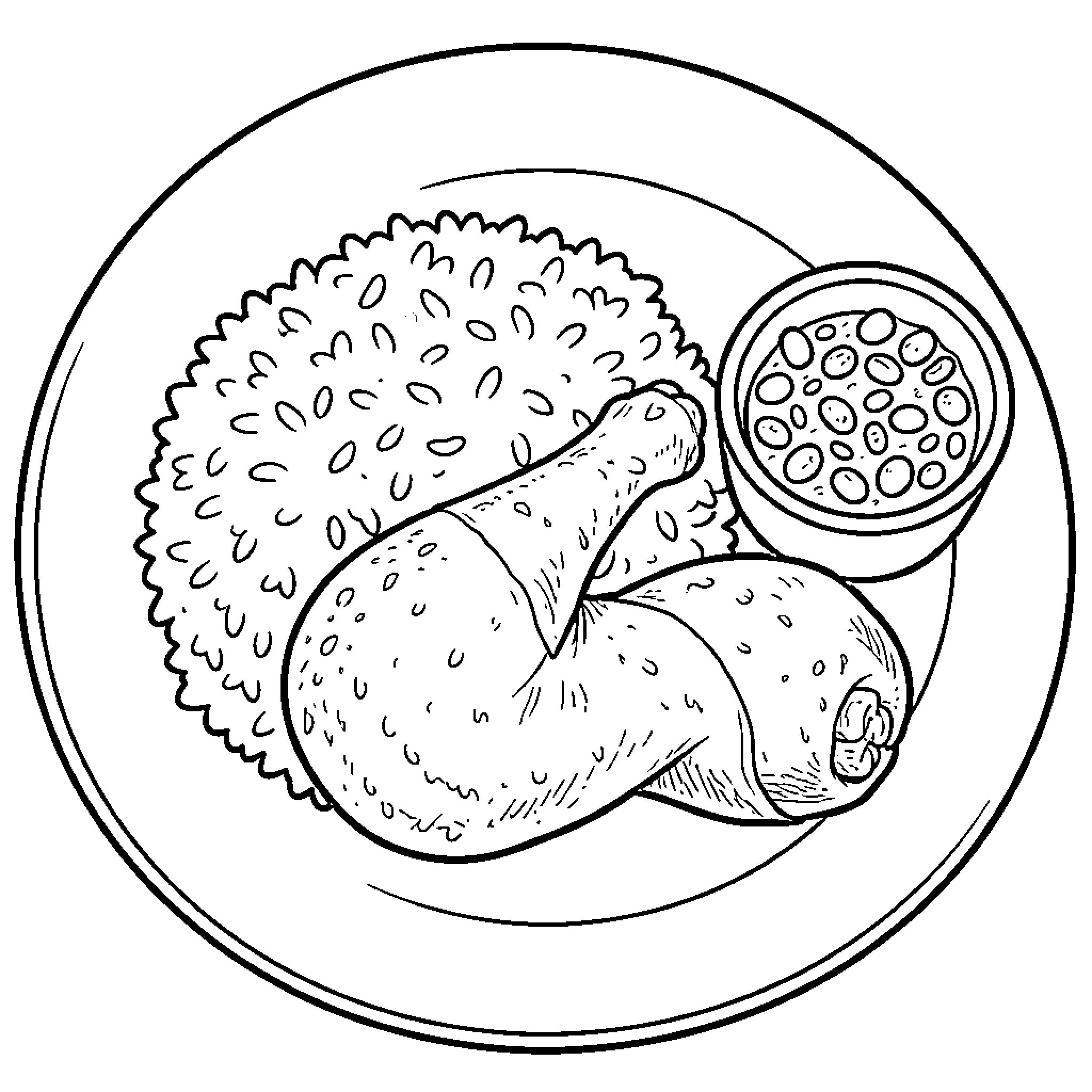 Rice served with a chicken drumstick and beans Coloring Page (free black-and-white line drawing printable PDF for all, from beginners to advanced learners, including children, teens, adults, and seniors)