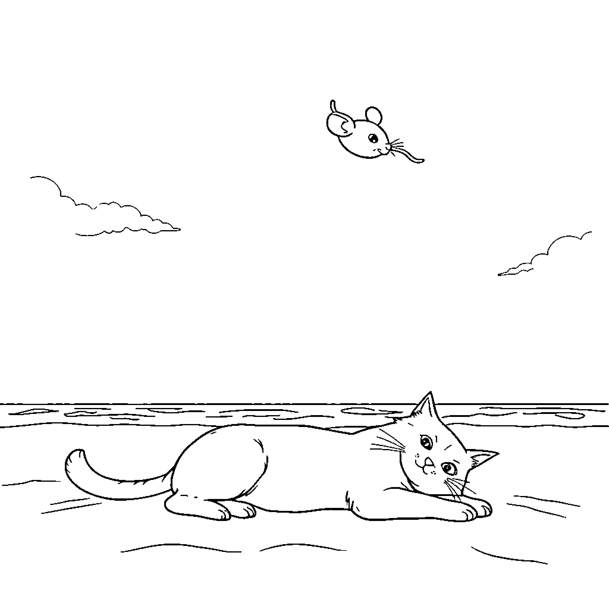 Mouse chasing butterfly by the beach Coloring Page (free black-and-white line drawing printable PDF for all, from beginners to advanced learners, including children, teens, adults, and seniors)