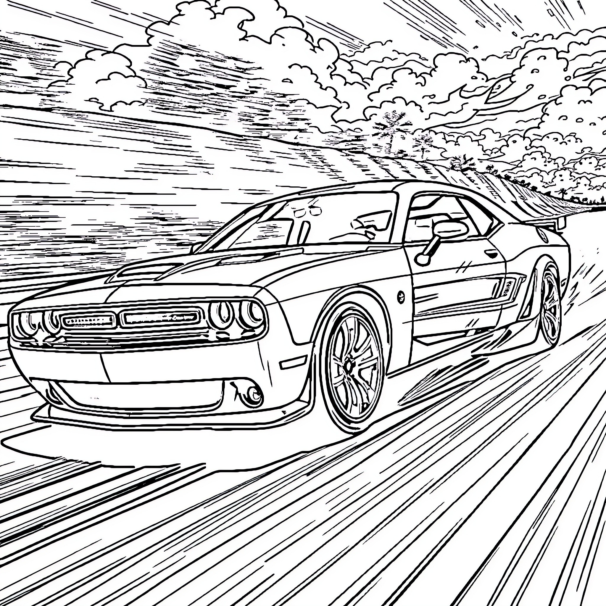 Car speeding through stormy landscape Coloring Page (free black-and-white line drawing printable PDF for all, from beginners to advanced learners, including children, teens, adults, and seniors)