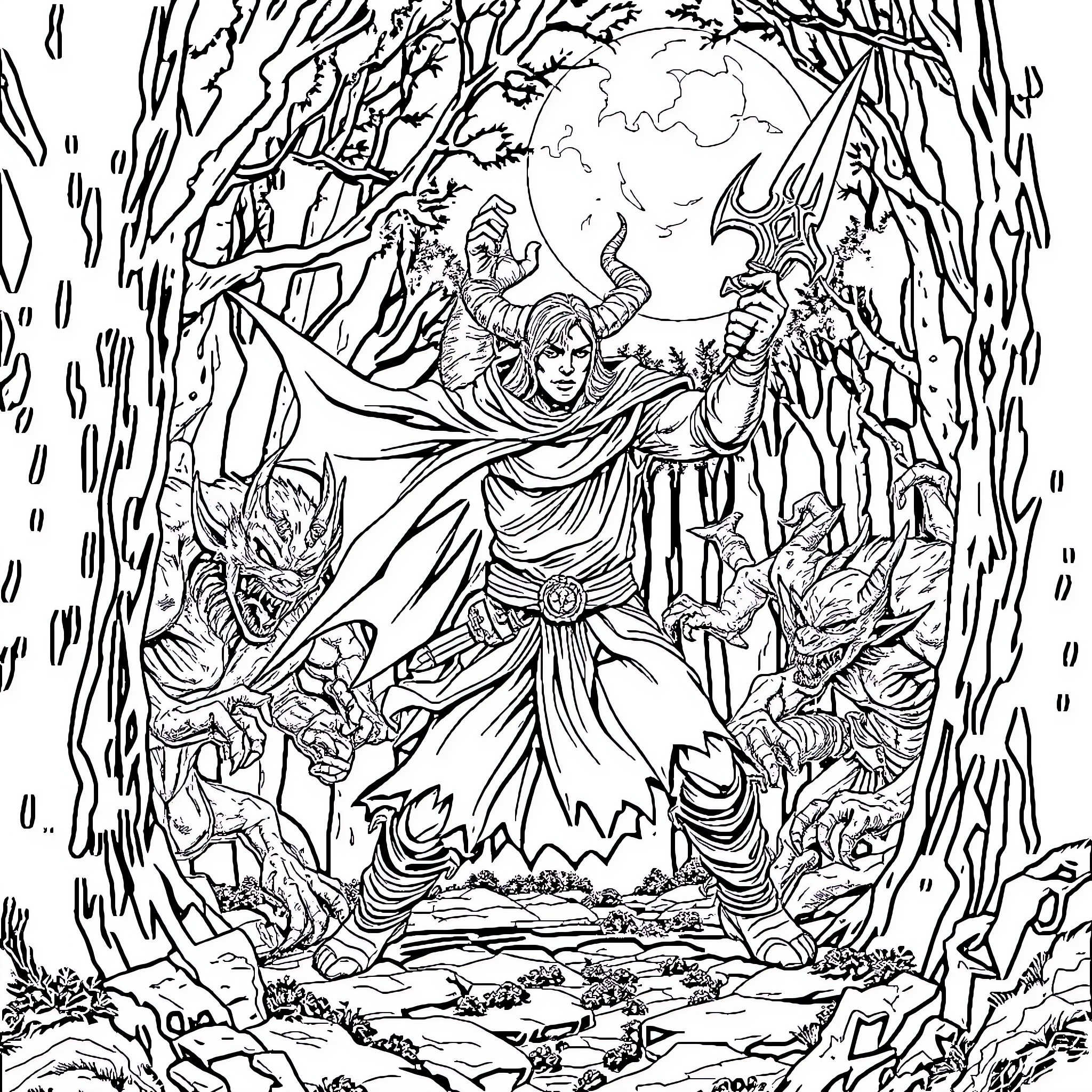 Demon Slayer Warrior Battles Fearsome Creatures in Fantasy Realm Coloring Page (free black-and-white line drawing printable PDF for all, from beginners to advanced learners, including children, teens, adults, and seniors)