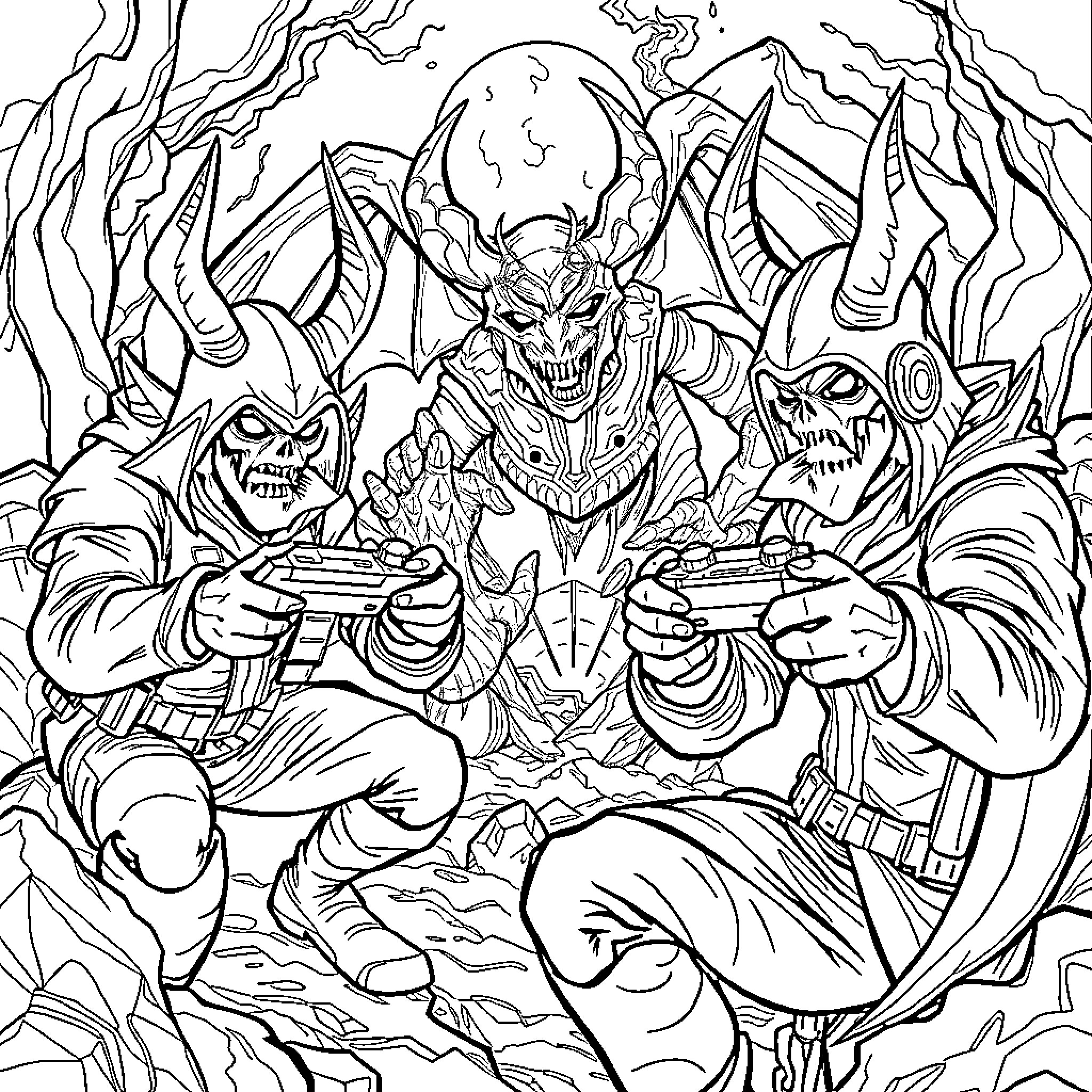 Demon Hunter Battles Demonic Entities with Firearms Coloring Page (free black-and-white line drawing printable PDF for all, from beginners to advanced learners, including children, teens, adults, and seniors)