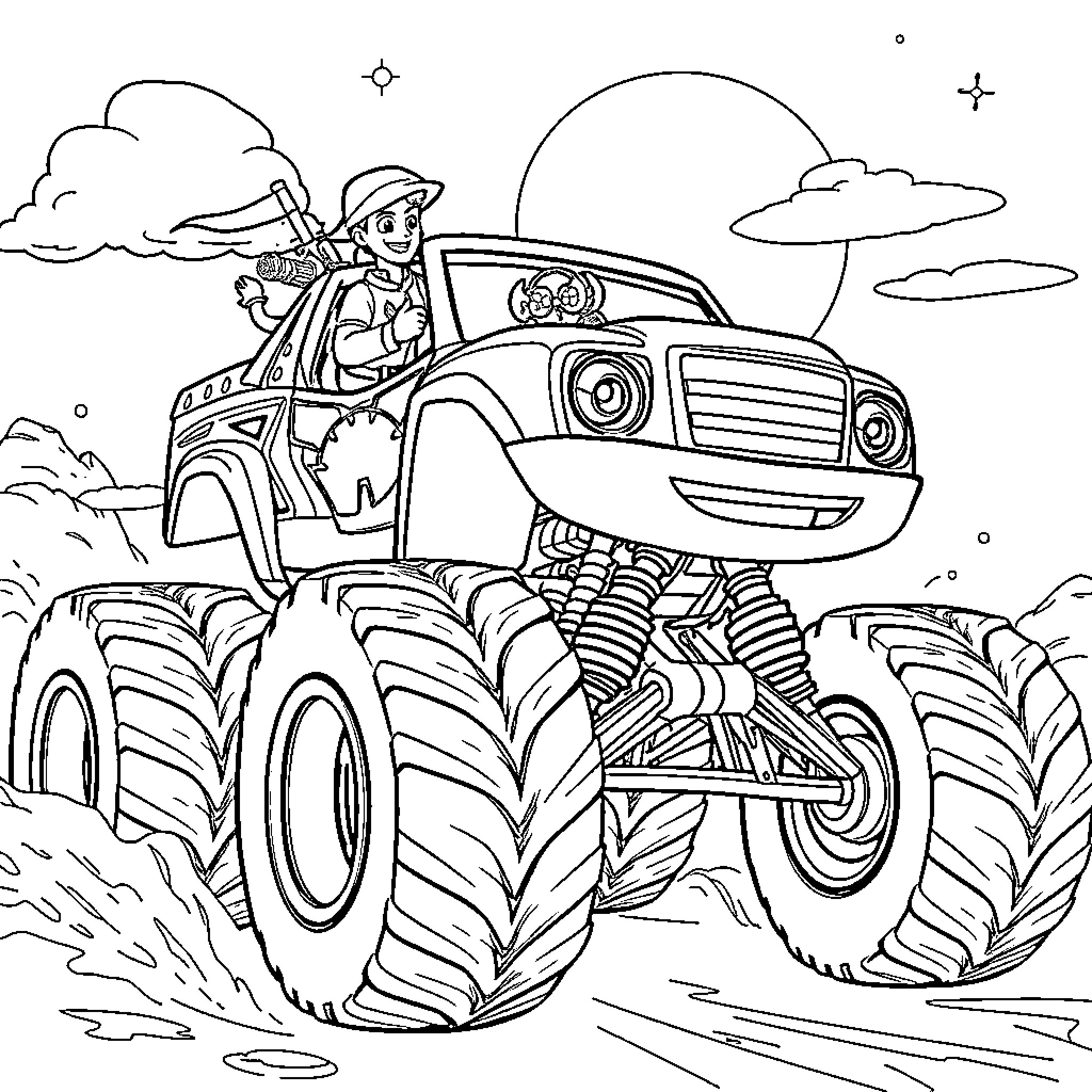 Monster Truck speeding through the countryside Coloring Page (free black-and-white line drawing printable PDF for all, from beginners to advanced learners, including children, teens, adults, and seniors)