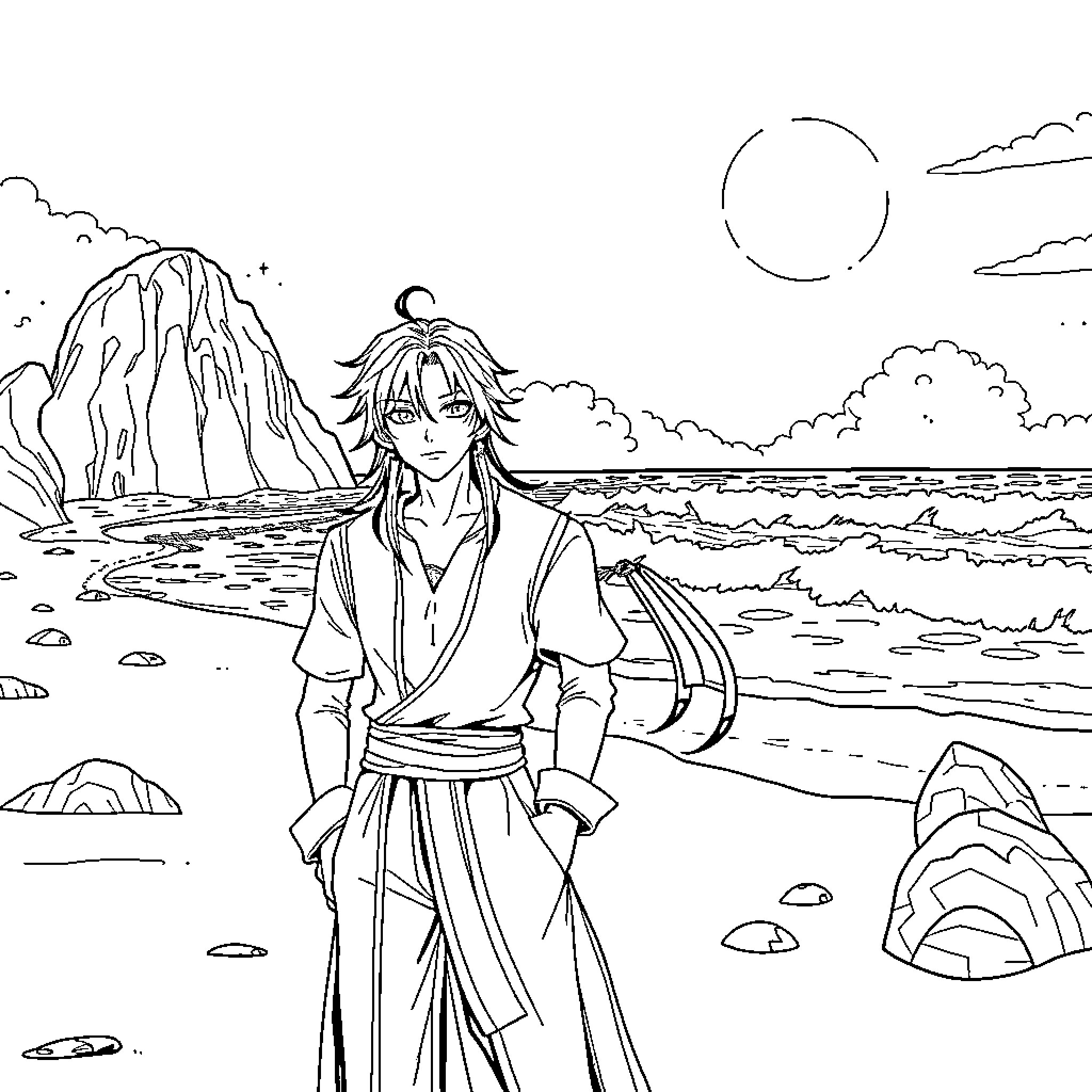 Rumi's Solitary Contemplation by the Serene Coastal Landscape Coloring Page (free black-and-white line drawing printable PDF for all, from beginners to advanced learners, including children, teens, adults, and seniors)