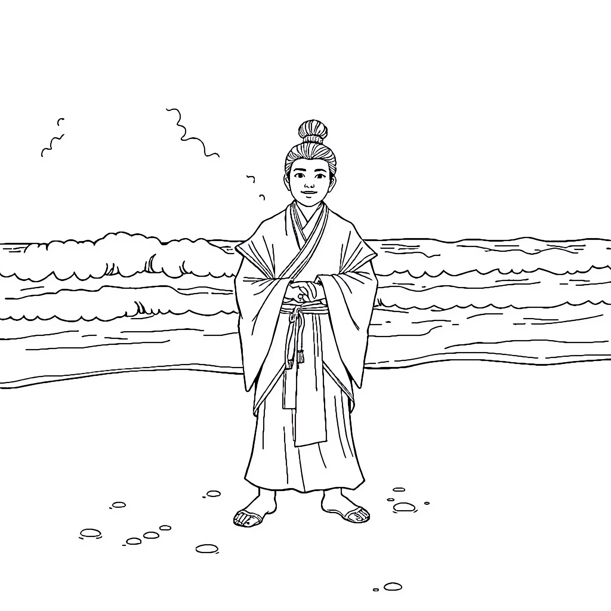 Xianpu contemplating the ocean's waves Coloring Page (free black-and-white line drawing printable PDF for all, from beginners to advanced learners, including children, teens, adults, and seniors)