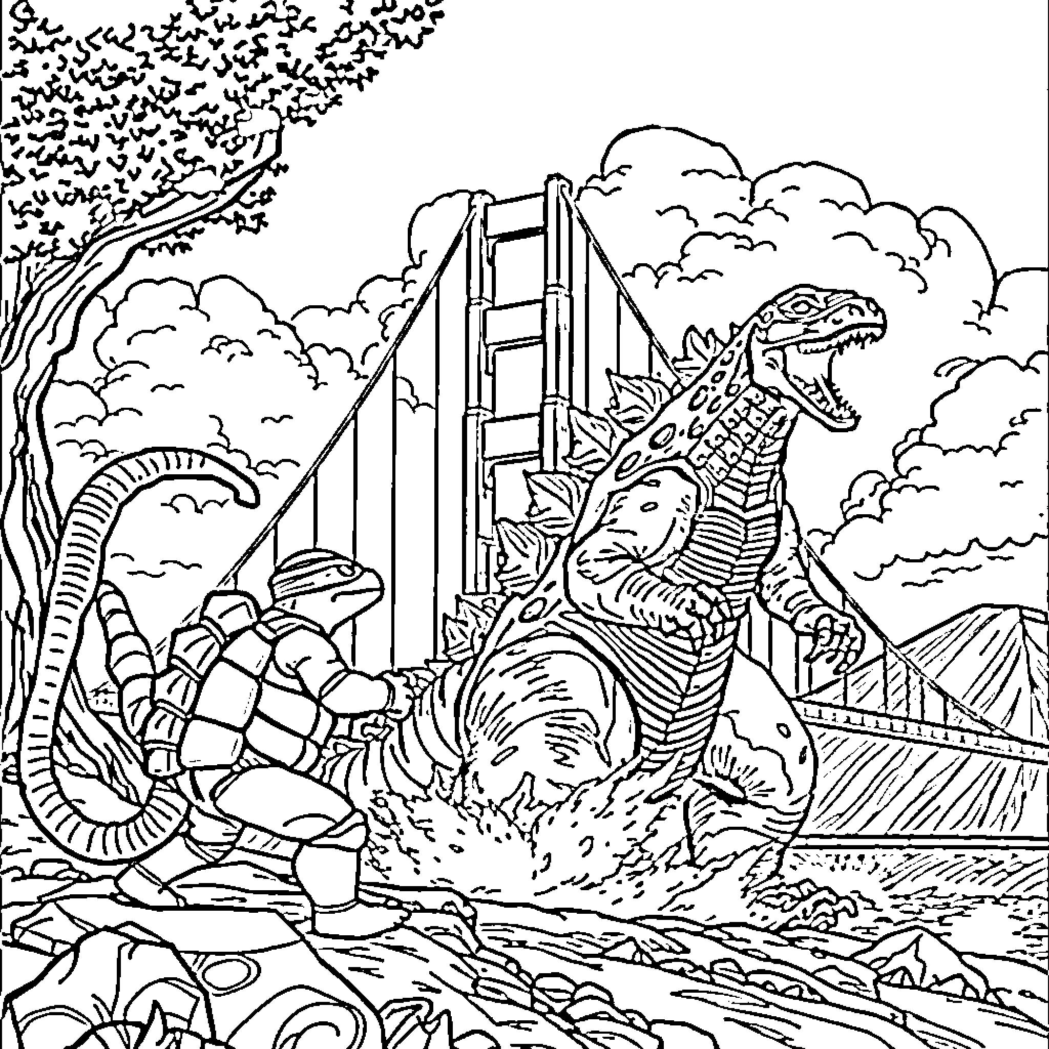 Godzilla rampaging through a city landscape Coloring Page (free black-and-white line drawing printable PDF for all, from beginners to advanced learners, including children, teens, adults, and seniors)