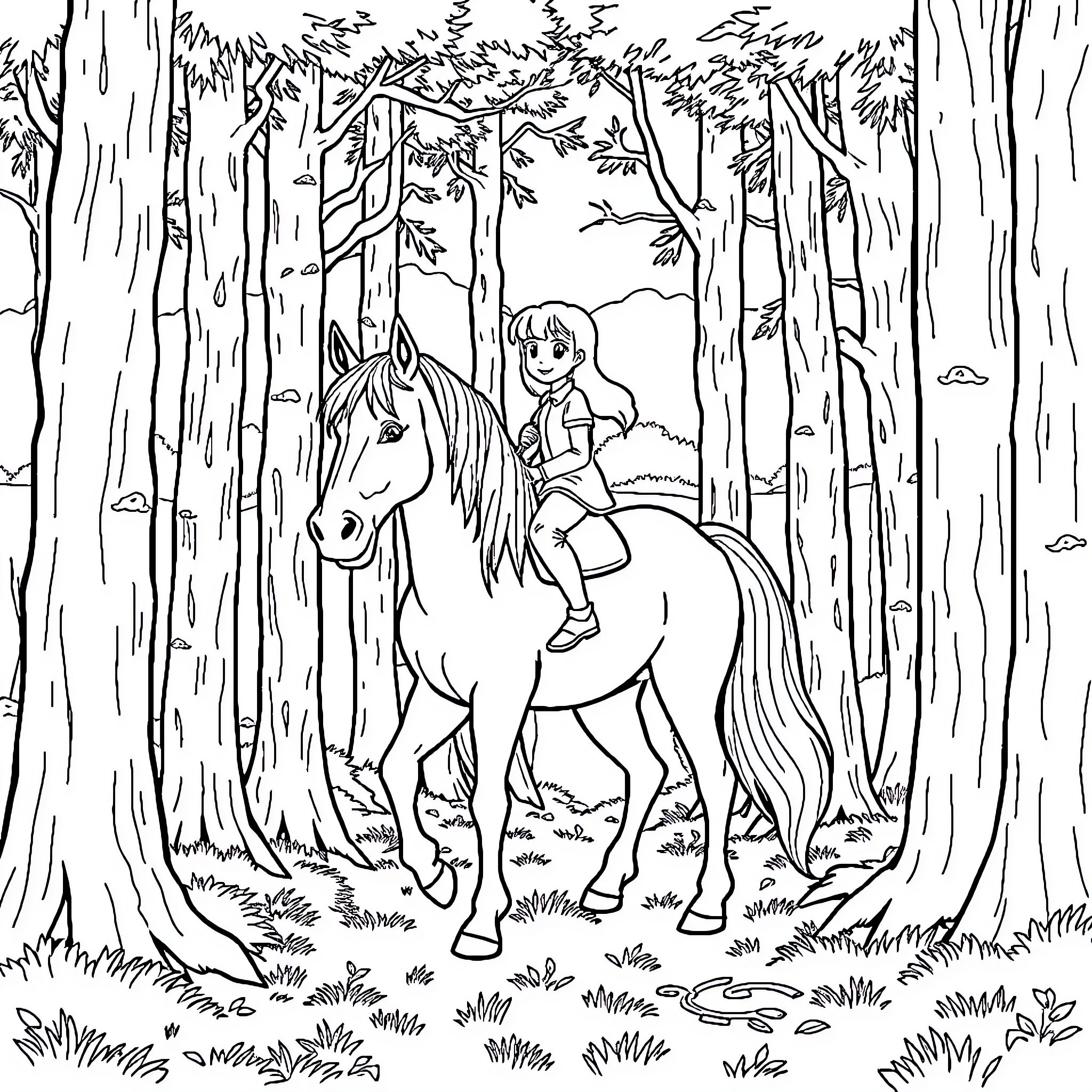 Horse and Rider in Enchanted Forest Coloring Page (free black-and-white line drawing printable PDF for all, from beginners to advanced learners, including children, teens, adults, and seniors)