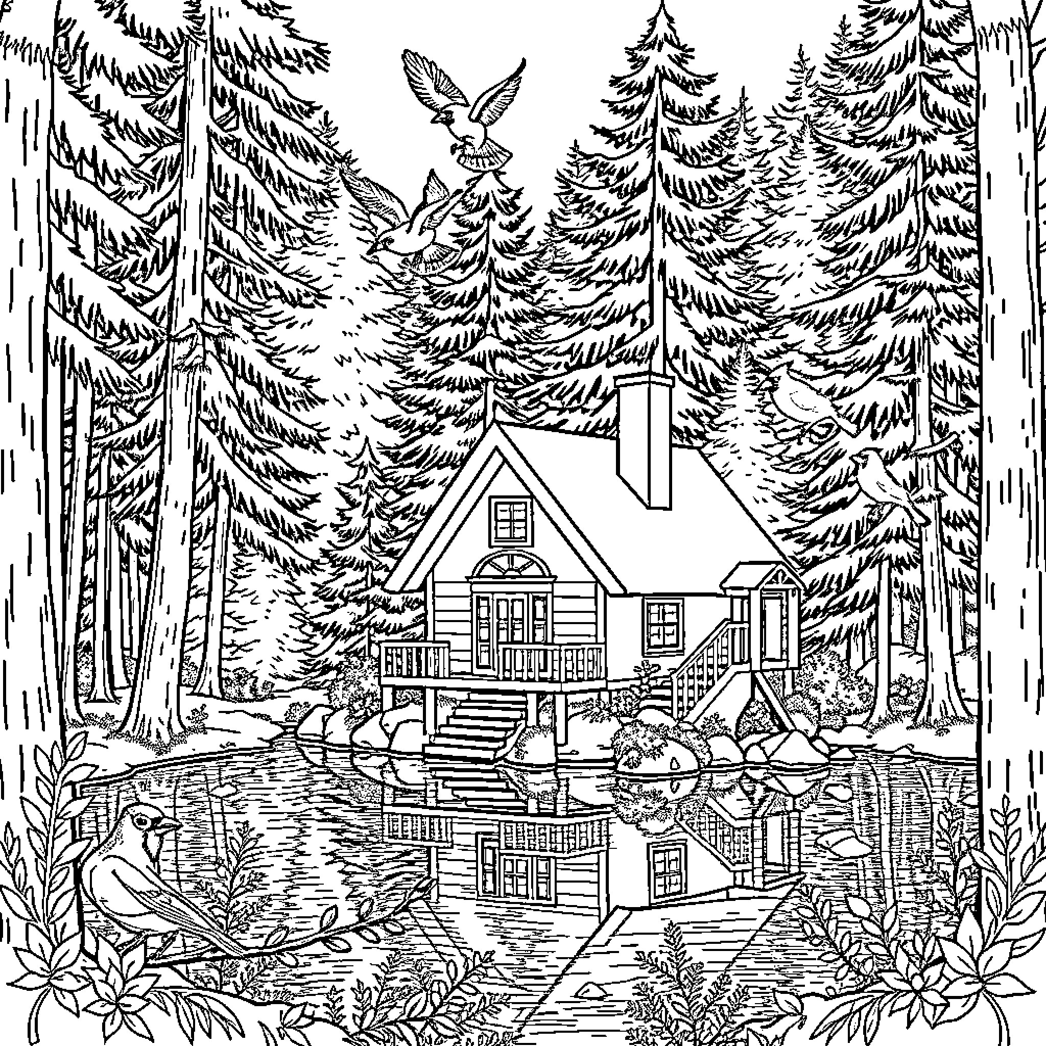 House in the Serene Forest Landscape Coloring Page (free black-and-white line drawing printable PDF for all, from beginners to advanced learners, including children, teens, adults, and seniors)