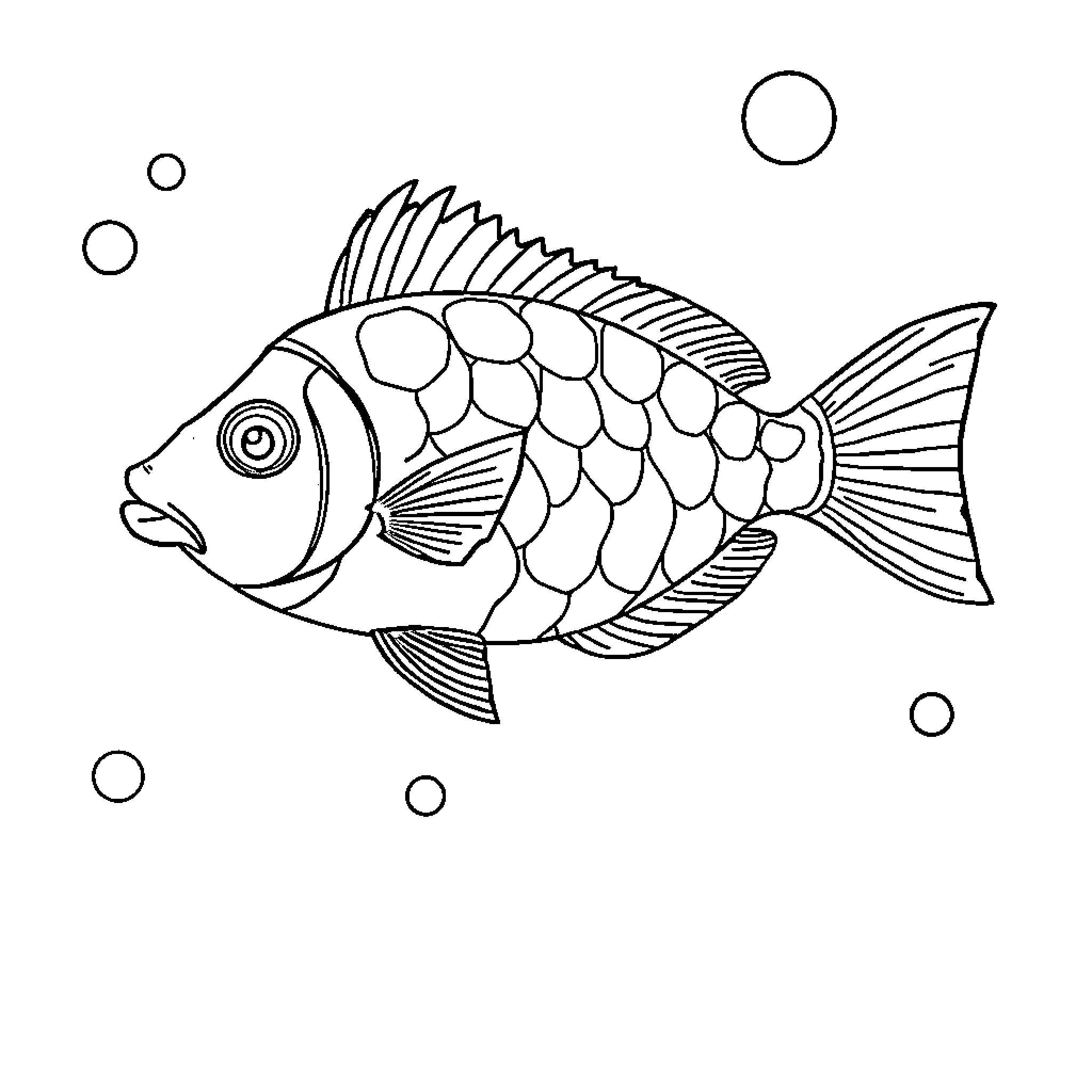 Fish with patterned scales swimming in bubbles Coloring Page (free black-and-white line drawing printable PDF for all, from beginners to advanced learners, including children, teens, adults, and seniors)