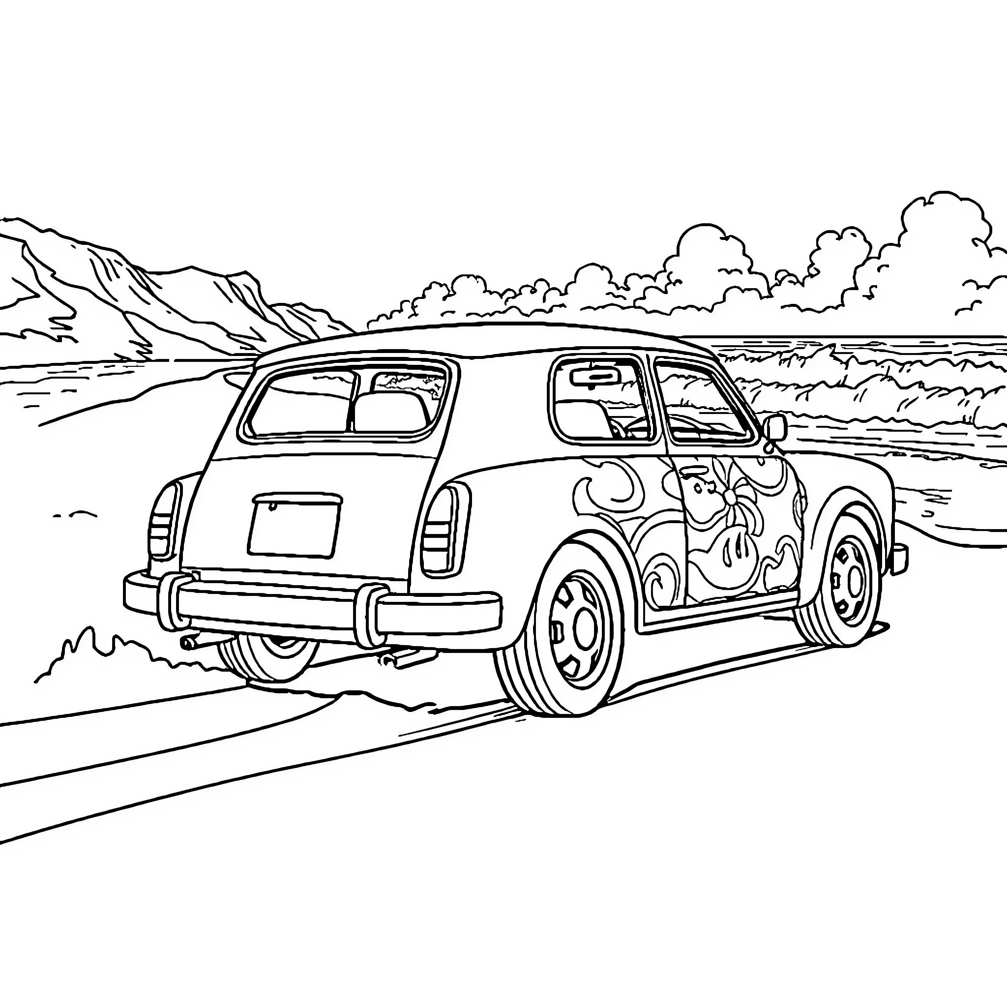 Car driving through scenic mountain landscape Coloring Page (free black-and-white line drawing printable PDF for all, from beginners to advanced learners, including children, teens, adults, and seniors)
