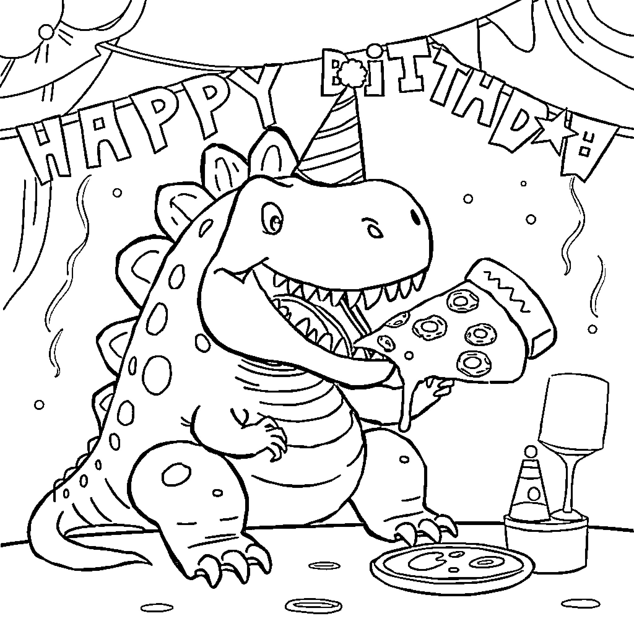 Spinosaurus enjoying a birthday celebration Coloring Page (free black-and-white line drawing printable PDF for all, from beginners to advanced learners, including children, teens, adults, and seniors)