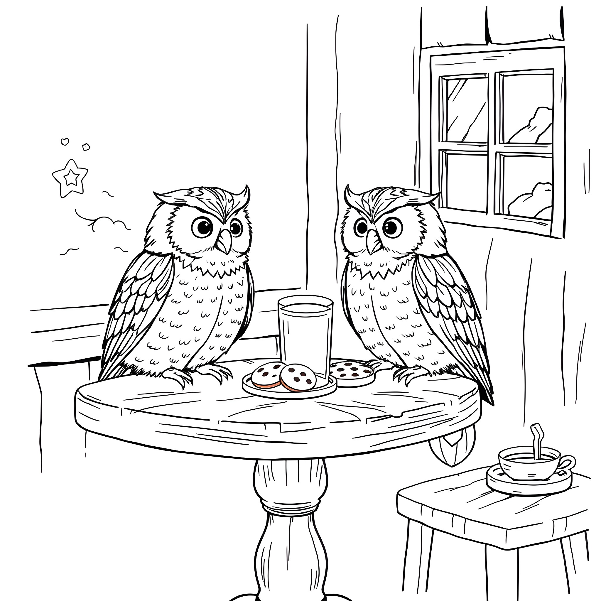 Owl friends having a cozy night in Coloring Page (free black-and-white line drawing printable PDF for all, from beginners to advanced learners, including children, teens, adults, and seniors)