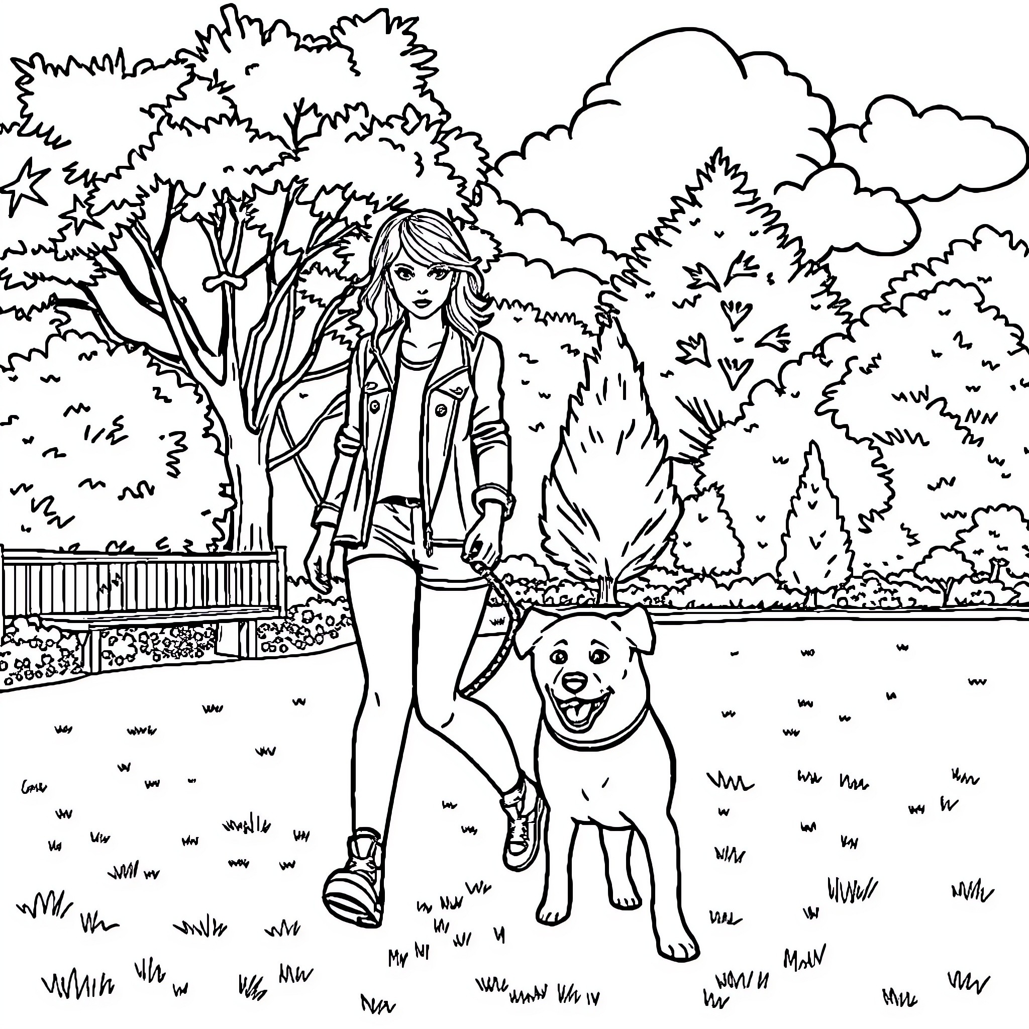 Taylor Swift walking her dog in a park Coloring Page (free black-and-white line drawing printable PDF for all, from beginners to advanced learners, including children, teens, adults, and seniors)