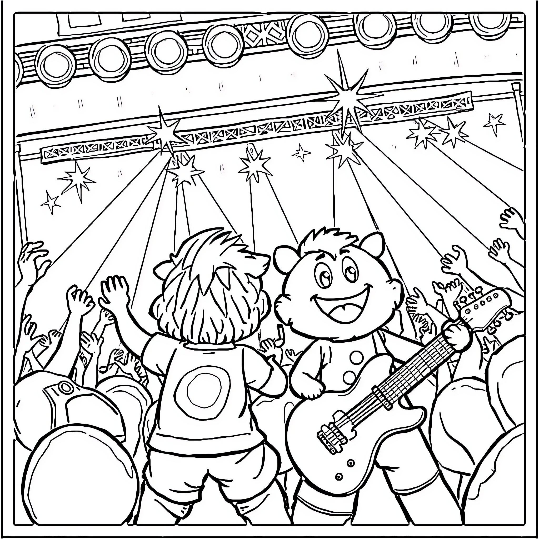 Bluey Rocks Out at the Concert Coloring Page (free black-and-white line drawing printable PDF for all, from beginners to advanced learners, including children, teens, adults, and seniors)