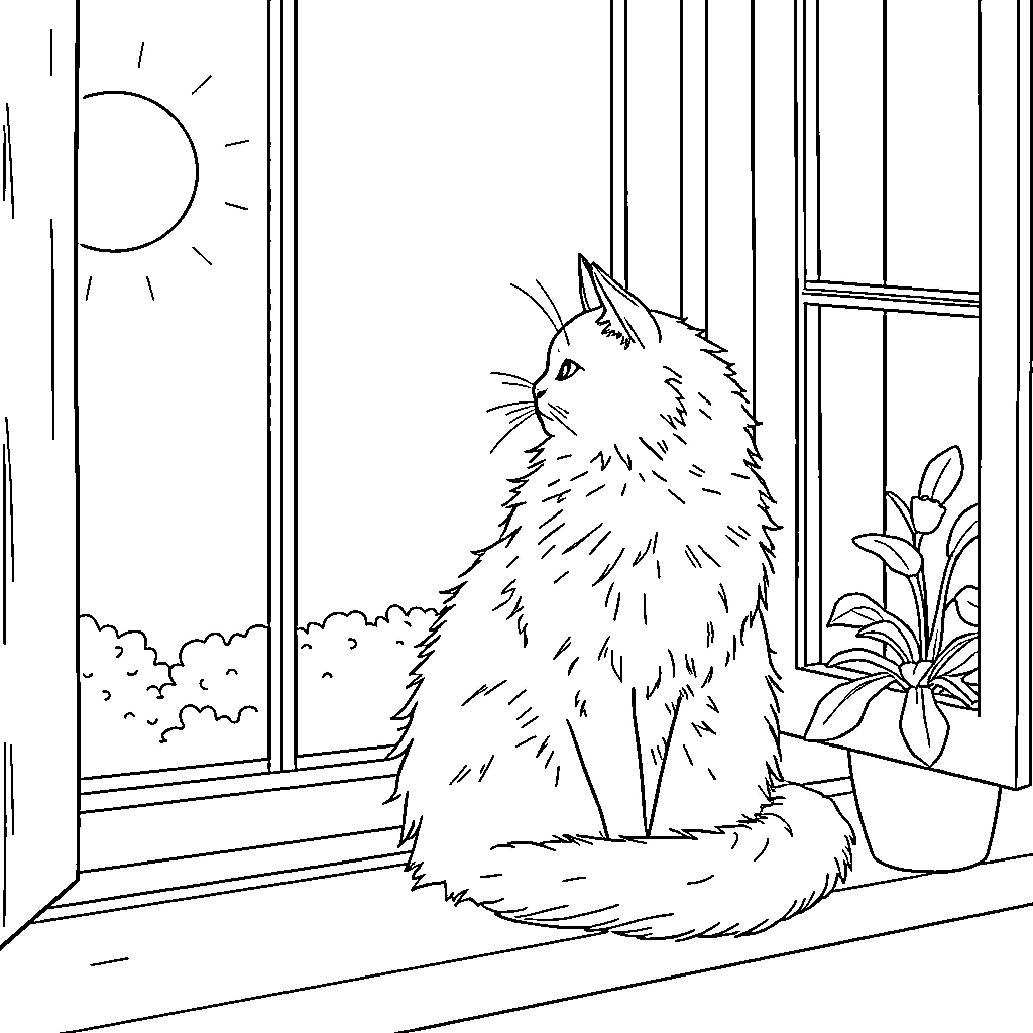 Cat gazing out the window Coloring Page (free black-and-white line drawing printable PDF for all, from beginners to advanced learners, including children, teens, adults, and seniors)