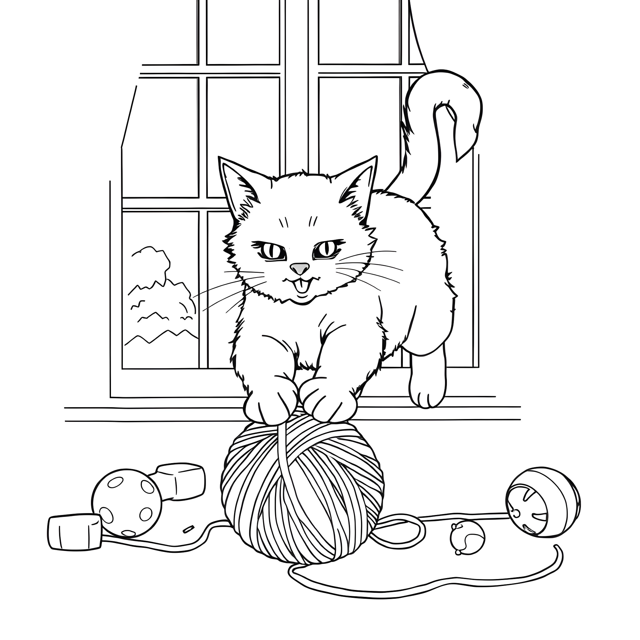 Cat playing with yarn and toys by the window Coloring Page (free black-and-white line drawing printable PDF for all, from beginners to advanced learners, including children, teens, adults, and seniors)