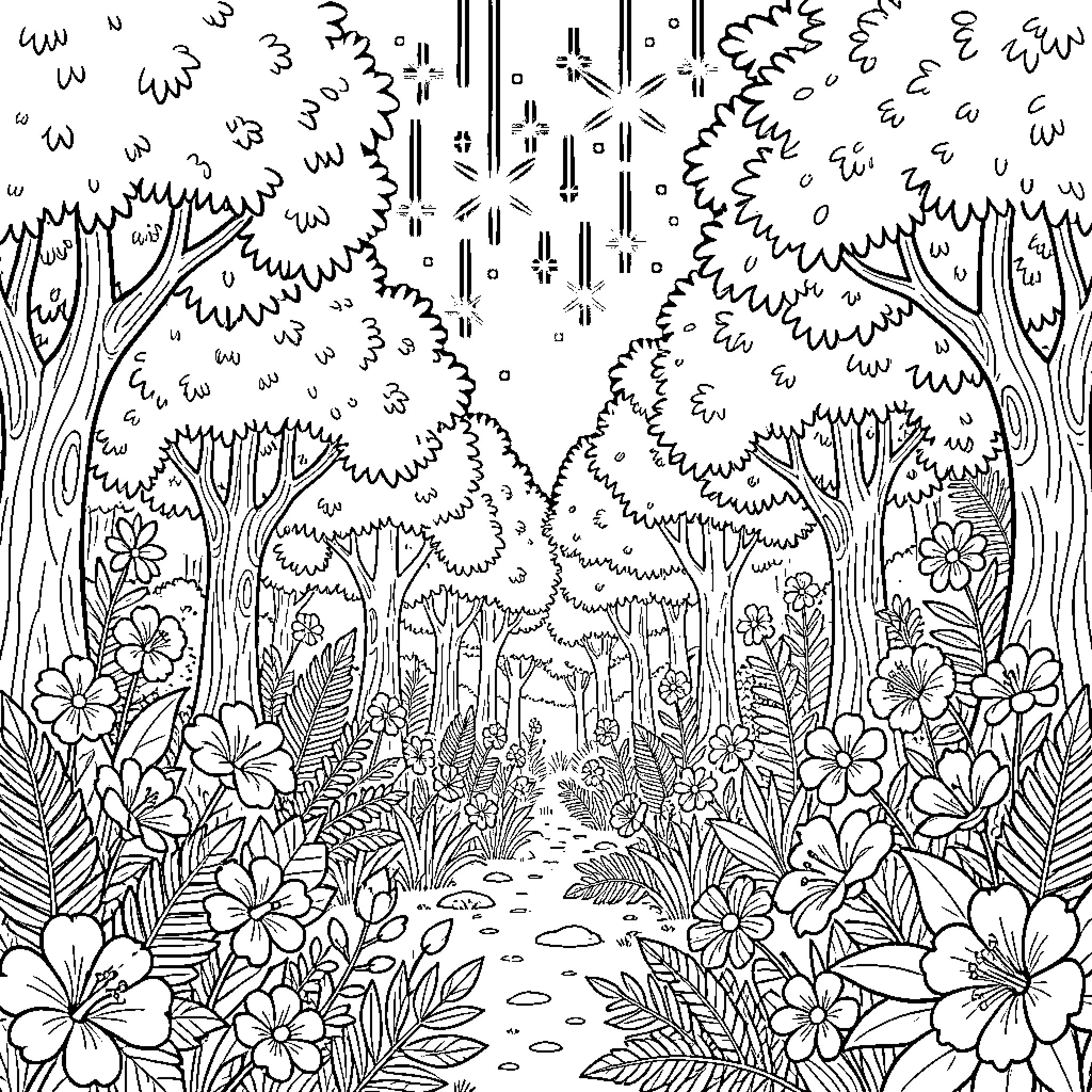 Jungle Landscape with Vibrant Foliage and Flowers Coloring Page (free black-and-white line drawing printable PDF for all, from beginners to advanced learners, including children, teens, adults, and seniors)
