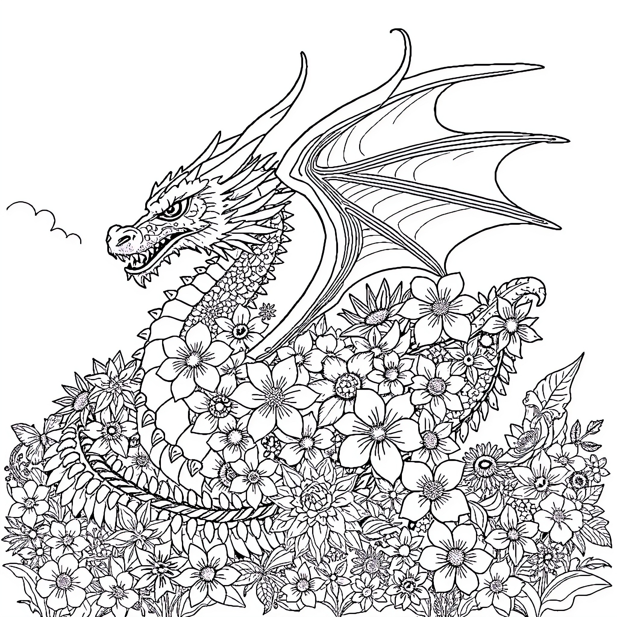 Dragon emerging from floral garden Coloring Page (free black-and-white line drawing printable PDF for all, from beginners to advanced learners, including children, teens, adults, and seniors)