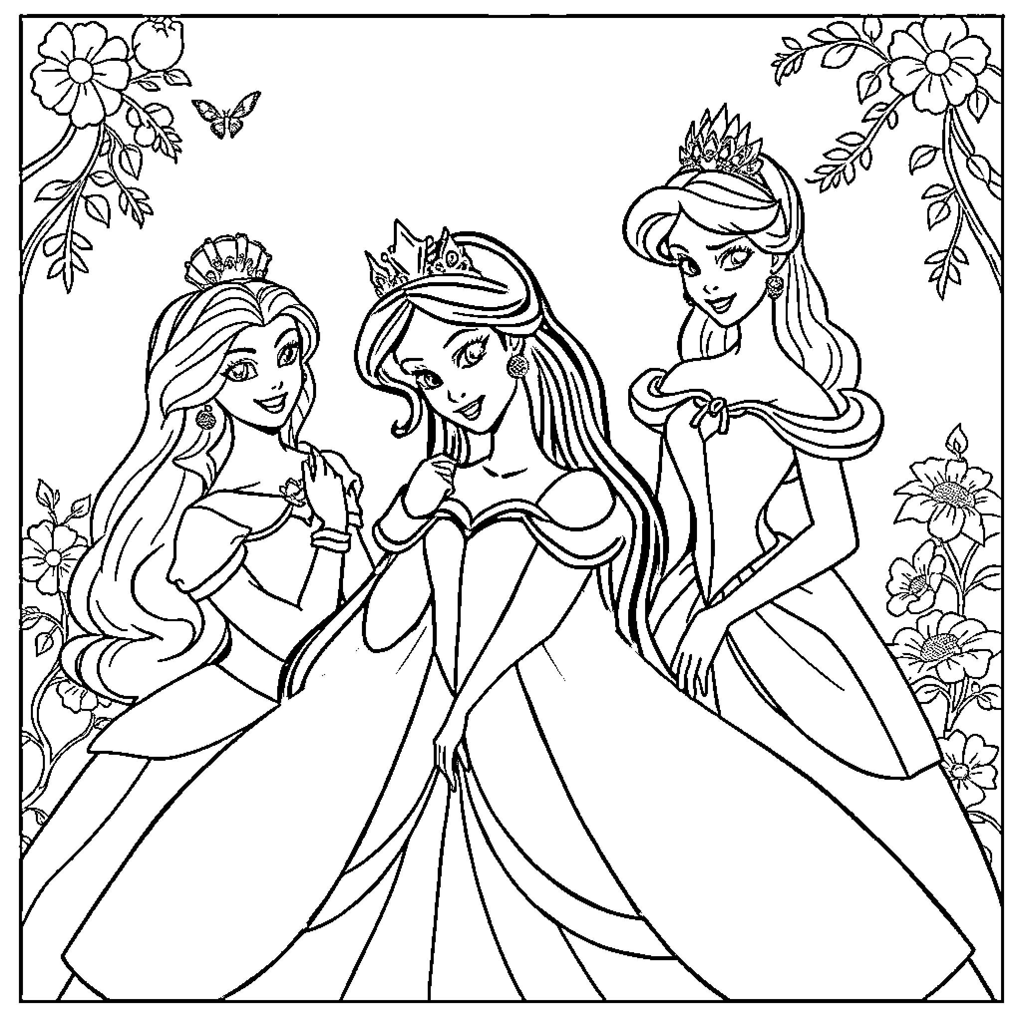 Disney Princesses in Beautiful Gowns and Crowns Coloring Page (free black-and-white line drawing printable PDF for all, from beginners to advanced learners, including children, teens, adults, and seniors)