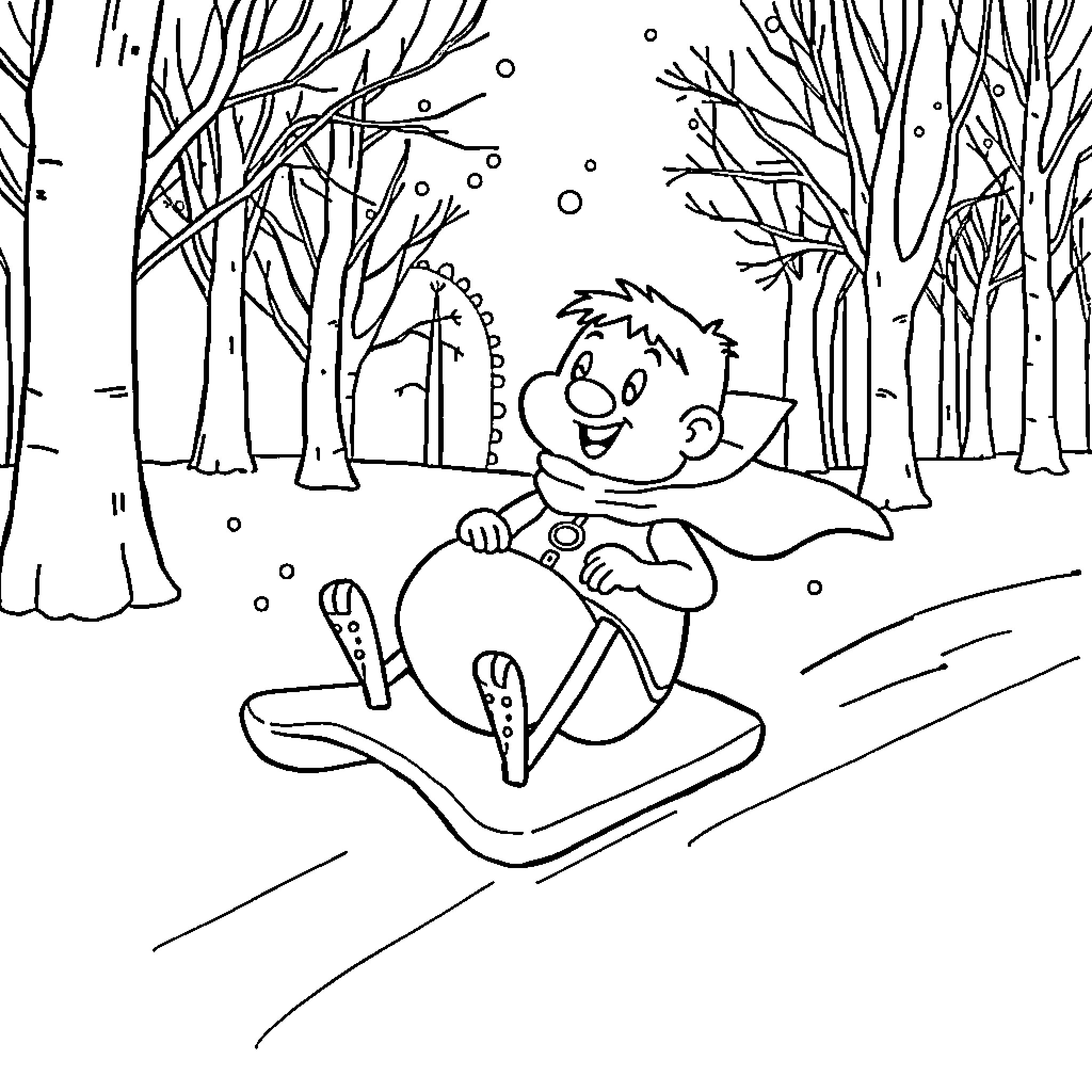 Robin's Snowy Sled Adventure Coloring Page (free black-and-white line drawing printable PDF for all, from beginners to advanced learners, including children, teens, adults, and seniors)