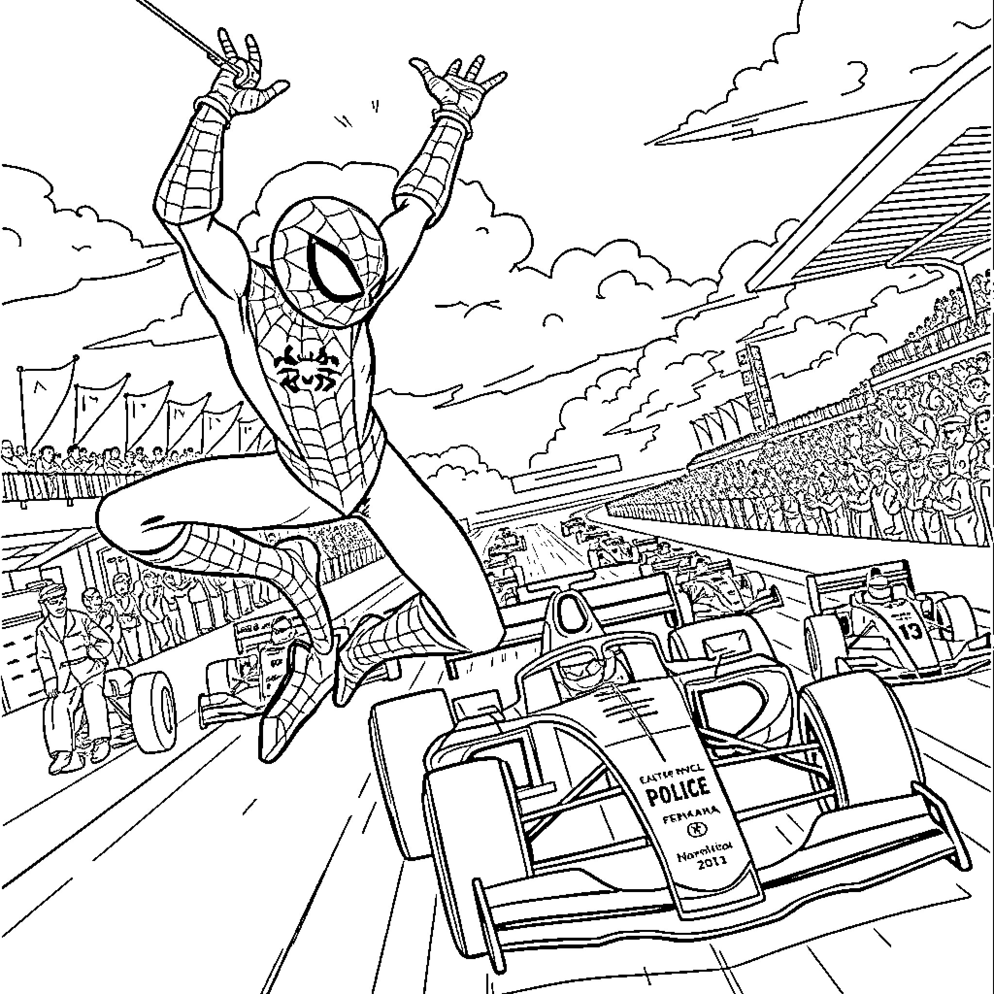 Spiderman swinging through the city with action and excitement Coloring Page (free black-and-white line drawing printable PDF for all, from beginners to advanced learners, including children, teens, adults, and seniors)