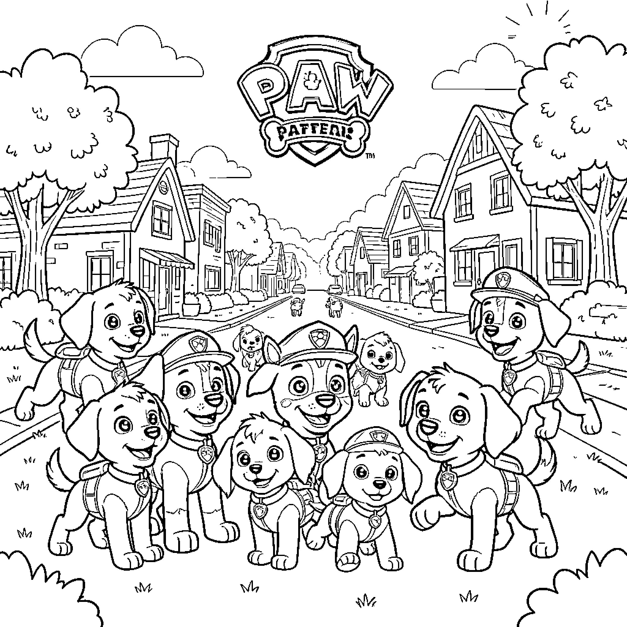 Pat Patrouille pups smiling together in a town street Coloring Page (free black-and-white line drawing printable PDF for all, from beginners to advanced learners, including children, teens, adults, and seniors)