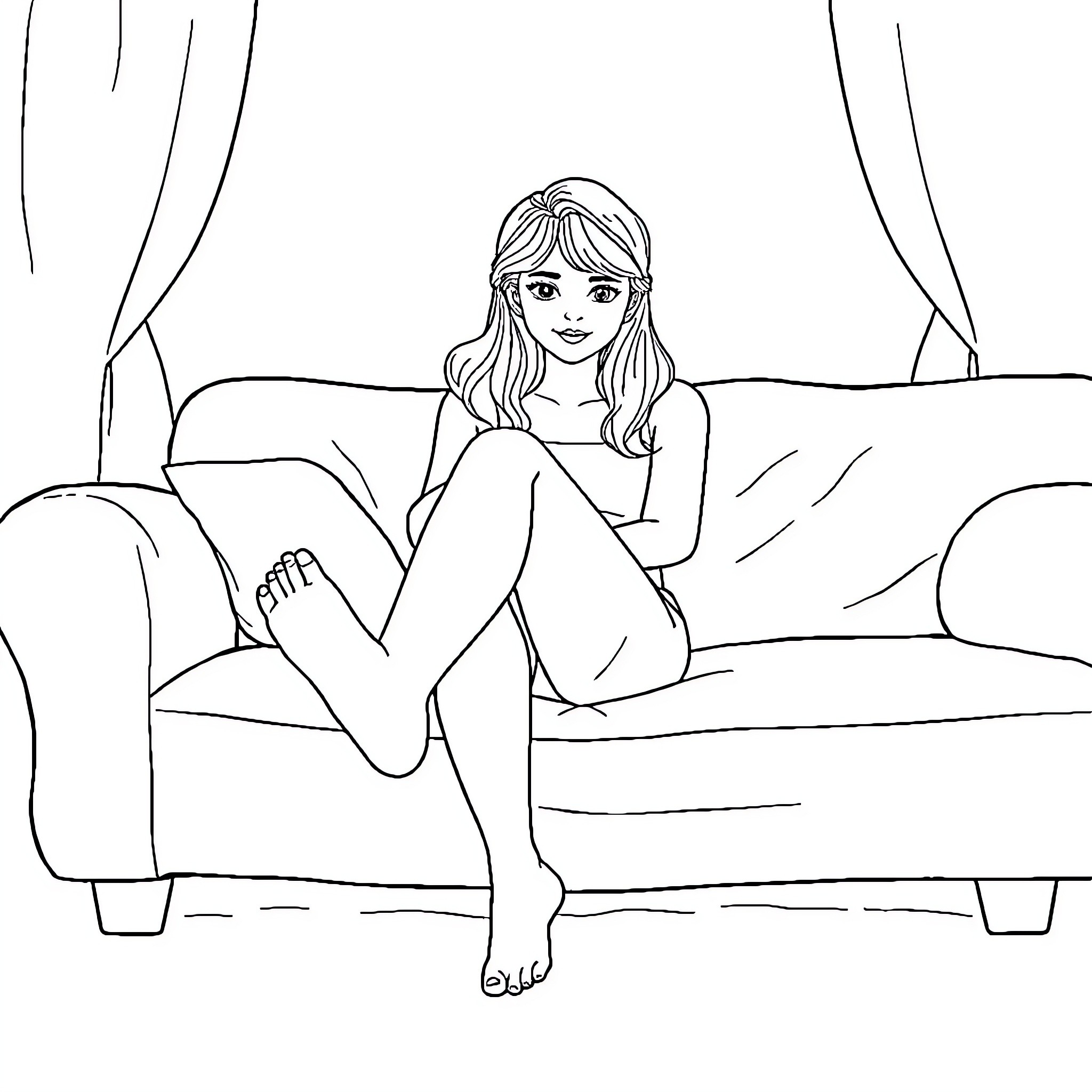 Sister sitting alone on the couch Coloring Page (free black-and-white line drawing printable PDF for all, from beginners to advanced learners, including children, teens, adults, and seniors)