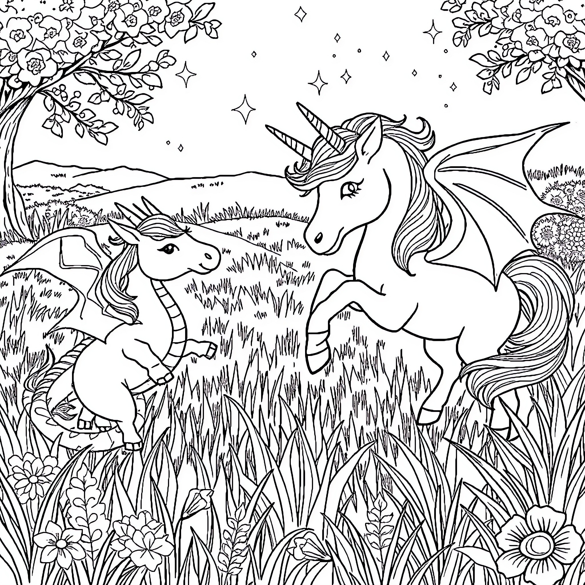 Unicorn Fairy Tale Adventure in Enchanted Forest Coloring Page (free black-and-white line drawing printable PDF for all, from beginners to advanced learners, including children, teens, adults, and seniors)