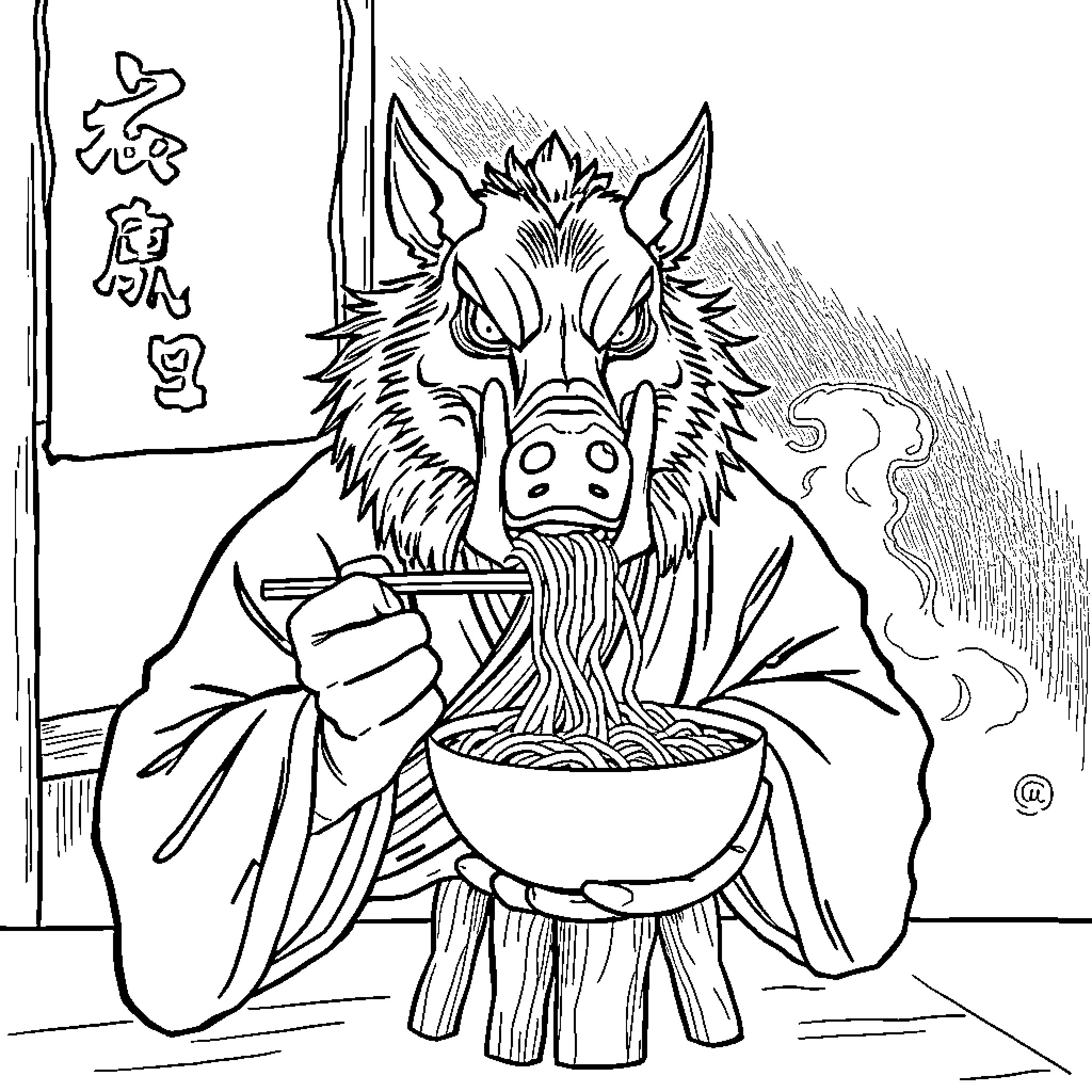 Inosuke Enjoying a Hearty Meal Coloring Page (free black-and-white line drawing printable PDF for all, from beginners to advanced learners, including children, teens, adults, and seniors)