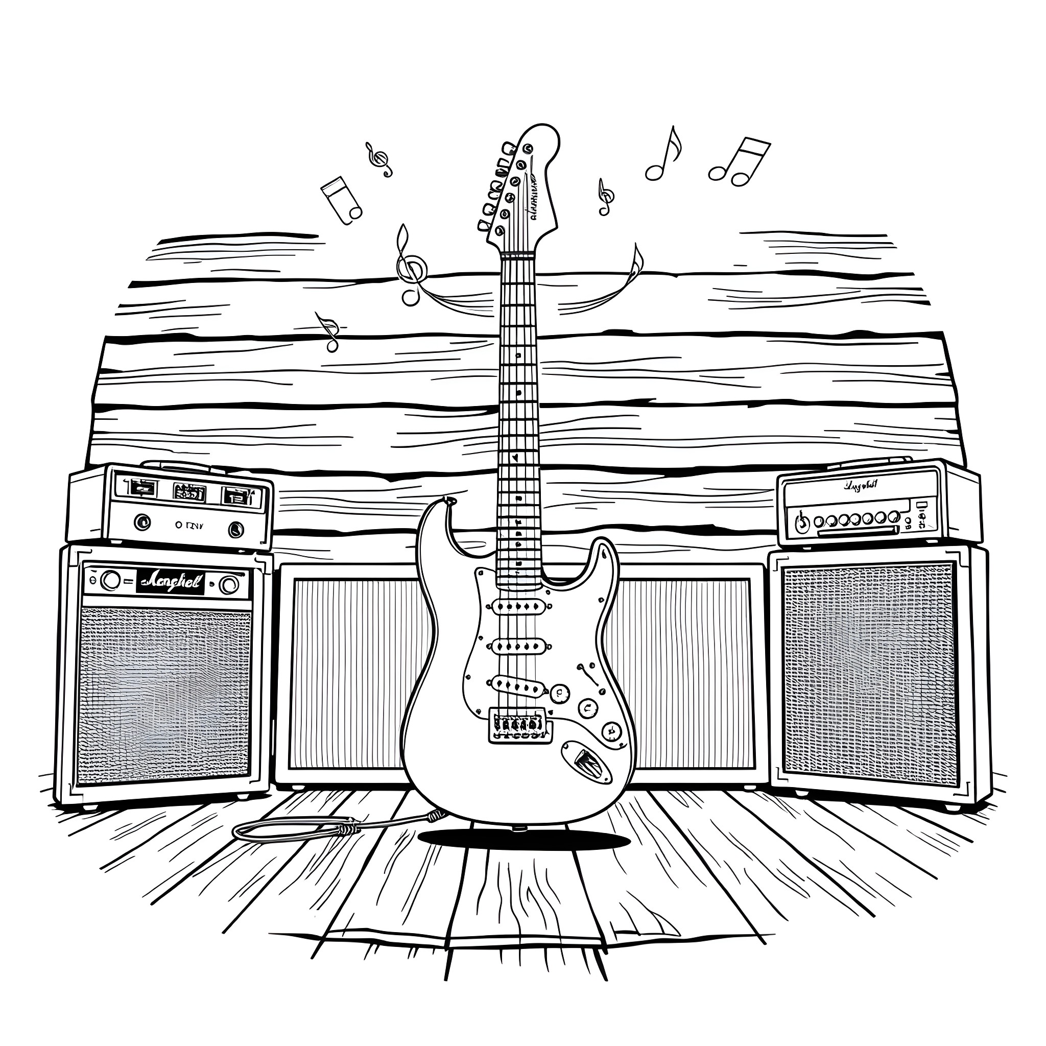 Fender Stratocaster Guitar and Amplifiers on Stage Coloring Page (free black-and-white line drawing printable PDF for all, from beginners to advanced learners, including children, teens, adults, and seniors)